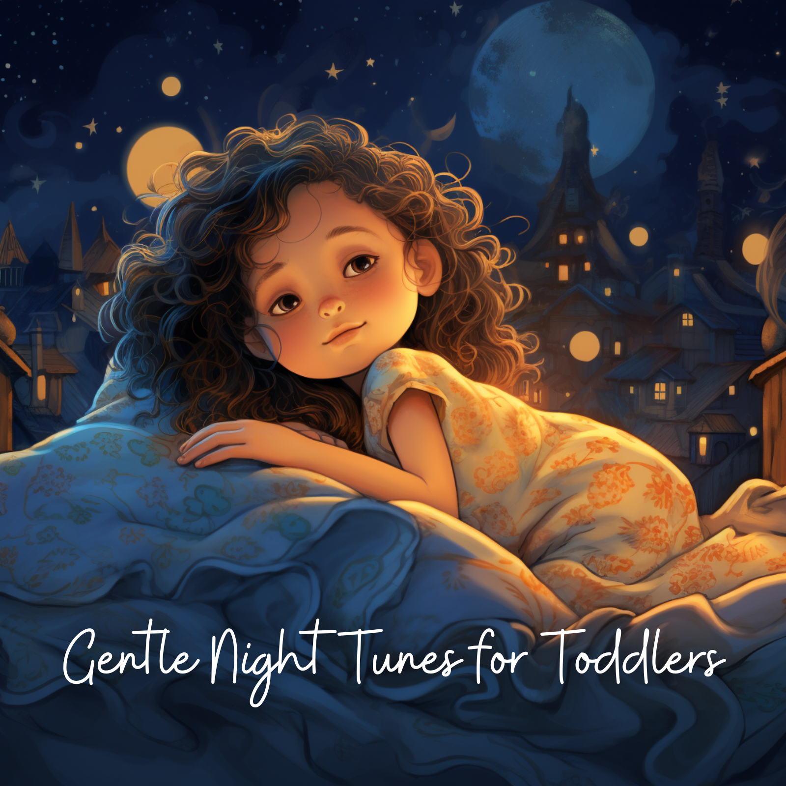 Illustration of a curly-haired toddler lying in bed under a starry night sky, surrounded by soft blue blankets and glowing moons, with the text "Gentle Night Tunes for Toddlers" overlayed.