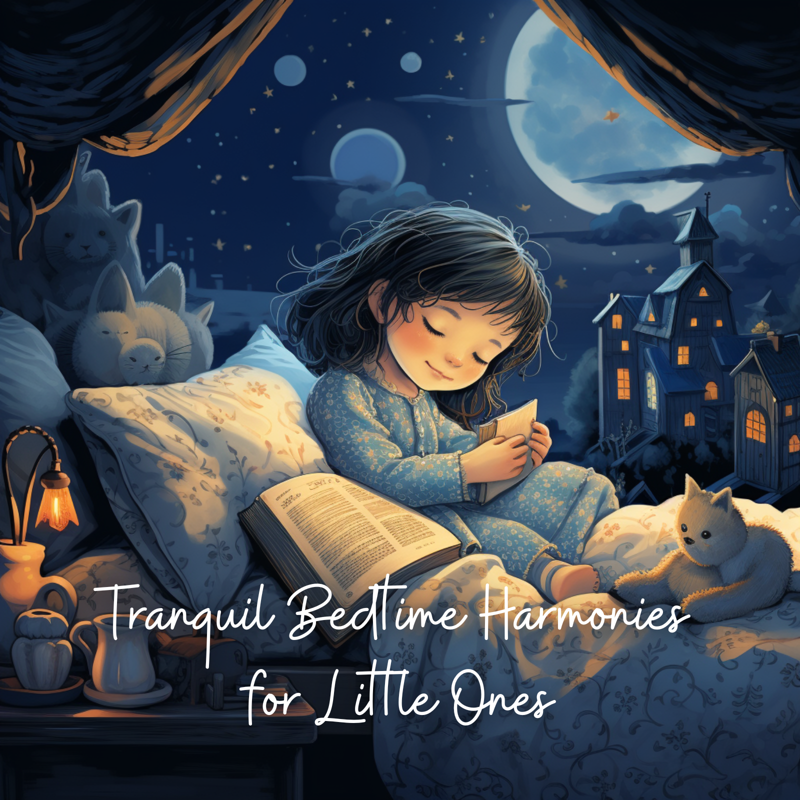 kid in bed reading a book, listening to sleep music, nighttime scene