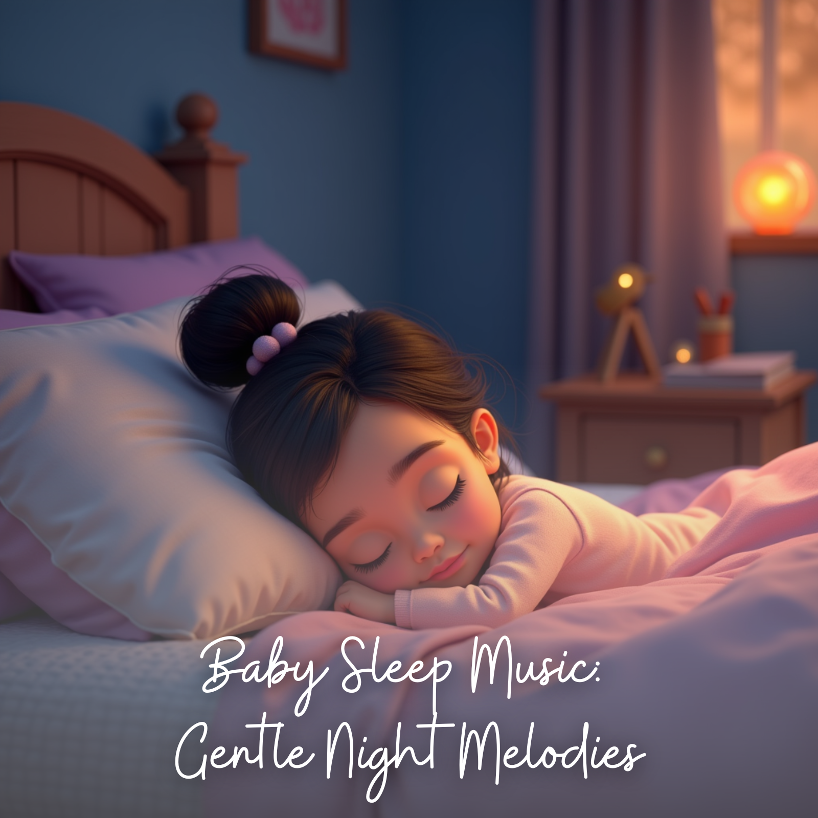 A toddler girl with dark hair in a top bun peacefully sleeps in a cozy bedroom with soft pink bedding. Warm lighting and a glowing nightlight create a calming atmosphere. The scene feels serene and secure, perfect for bedtime. The text on the image reads: “Baby Sleep Music: Gentle Night Melodies.”
