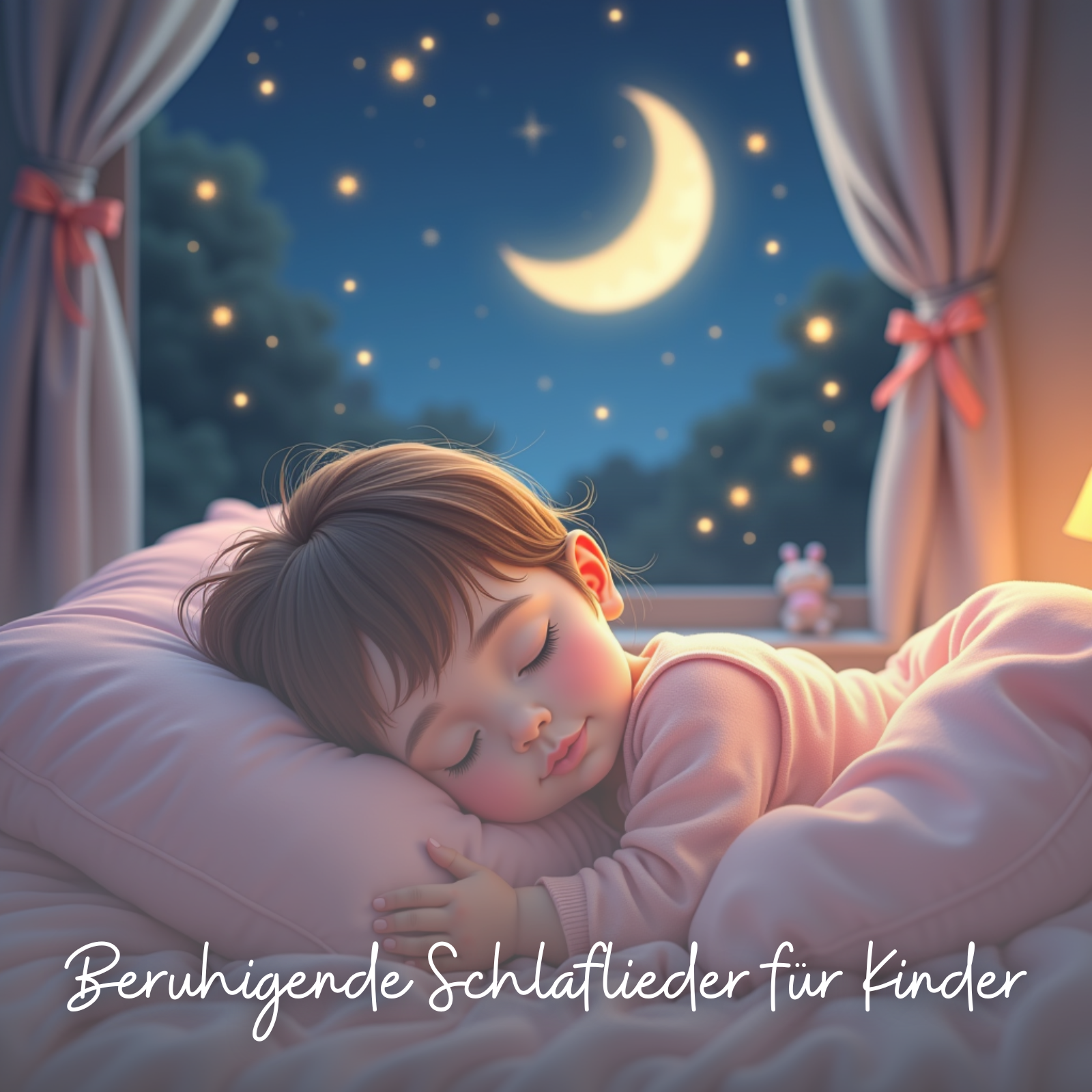 A peaceful toddler sleeps in a cozy bed with pink pajamas and bedding. A night sky glows outside the window with a crescent moon and sparkling stars, framed by gently tied-back curtains. The scene is warm and comforting, perfect for a bedtime theme. Text reads: “Beruhigende Schlaflieder für Kinder,” meaning “Soothing Lullabies for Children.”