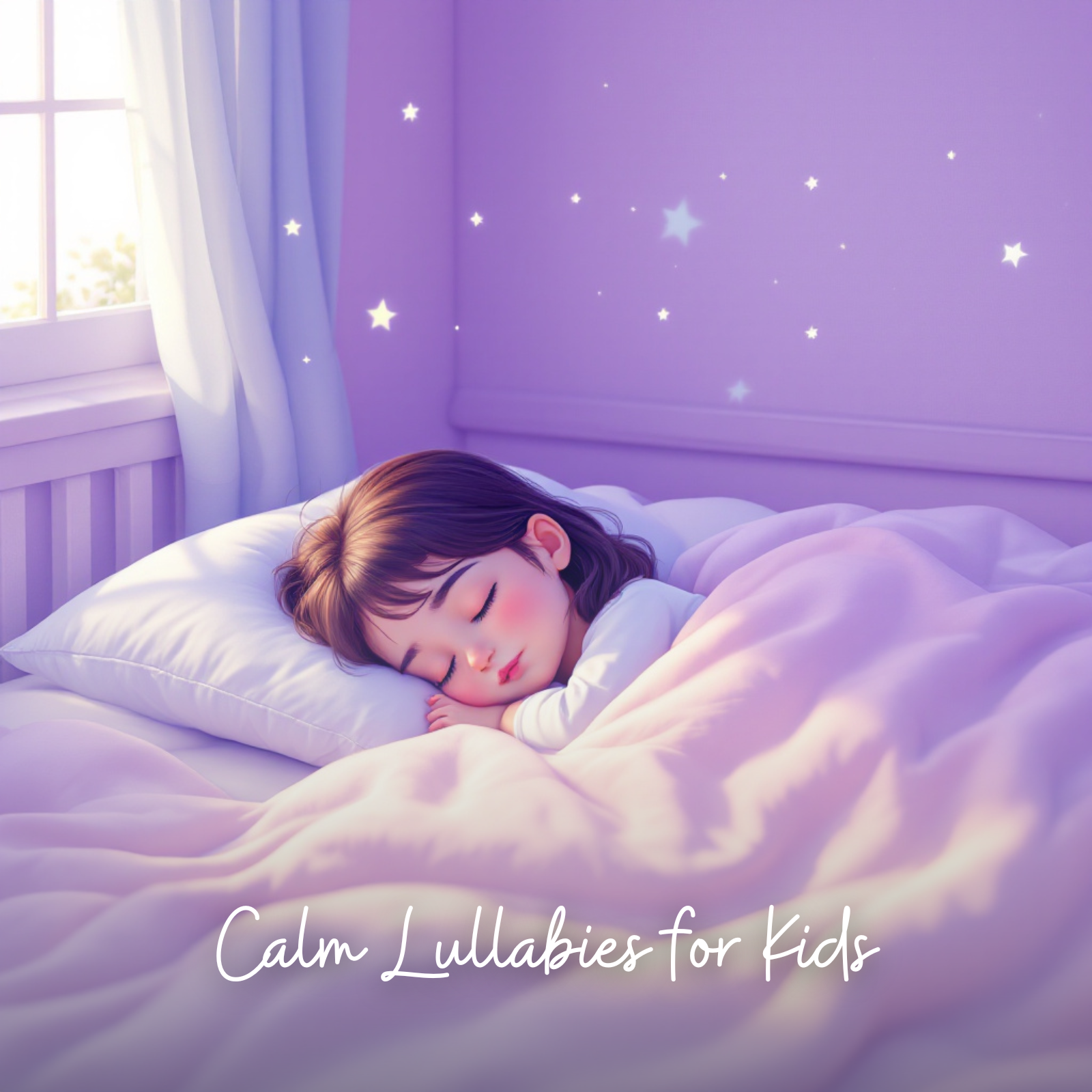 Illustration of a young girl peacefully sleeping in a lavender-colored bedroom, wrapped in a soft pink blanket with gentle stars above her and sunlight coming through the window, with the text “Calm Lullabies for Kids.”