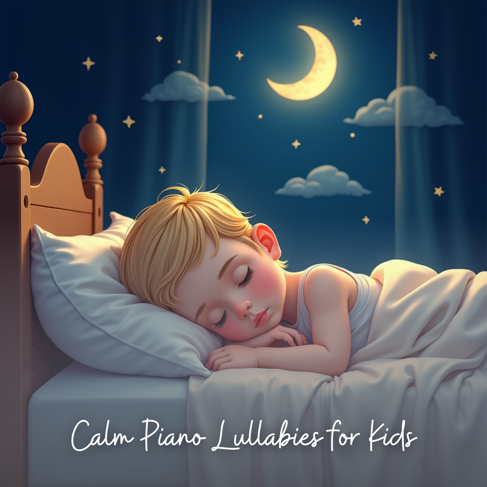 Illustration of a young child peacefully sleeping in a wooden bed under soft moonlight, with stars and clouds in the night sky, and the text “Calm Piano Lullabies for Kids” shown at the bottom.