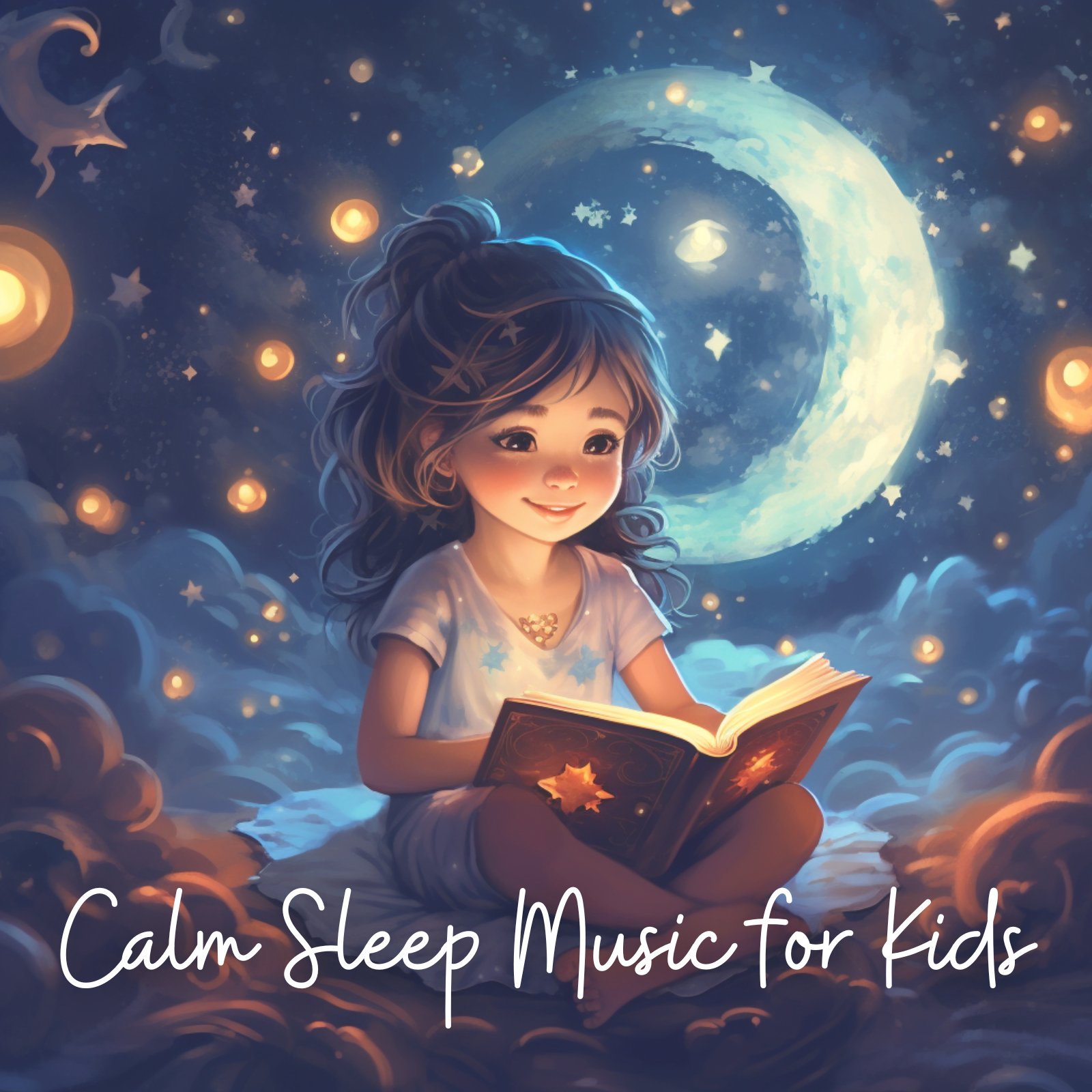 Illustration of a smiling young girl reading a glowing bedtime story while sitting on clouds under a starry night sky, with a large crescent moon in the background and the text “Calm Sleep Music for Kids” displayed.