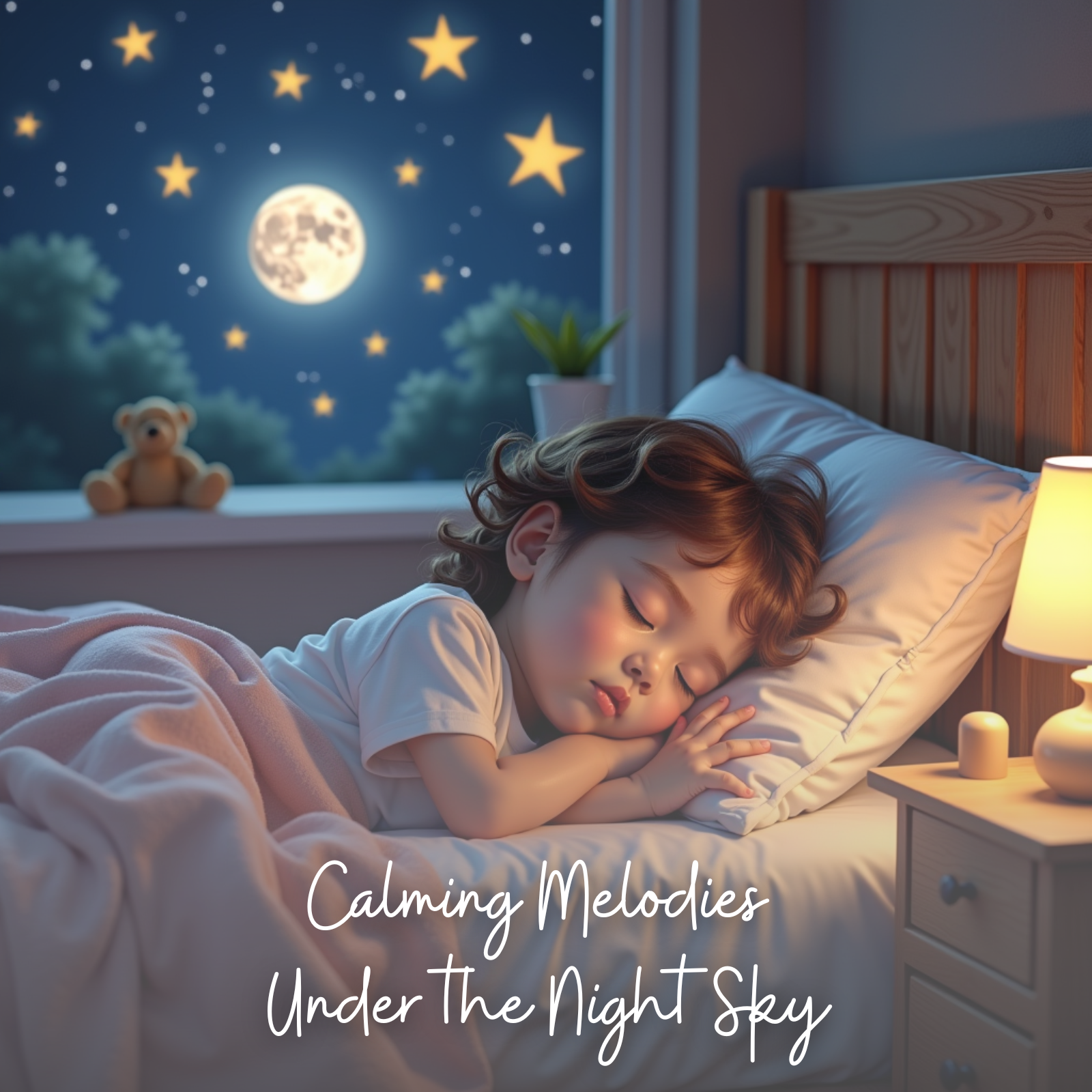 A small child sleeps peacefully in bed beside a softly glowing nightstand lamp, with a teddy bear on the windowsill and a moonlit sky full of stars visible through the window. The image evokes comfort, safety, and the serenity of nighttime. The text “Calming Melodies Under The Night Sky” is written in a gentle, flowing script at the bottom.