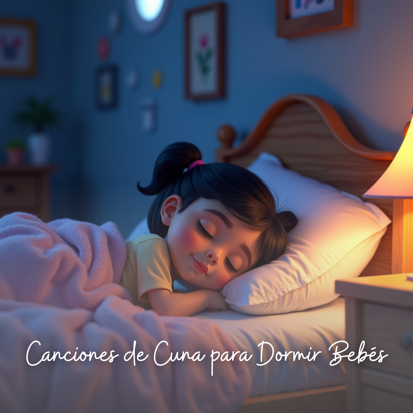 A little girl with dark hair tied in a pink ponytail sleeps peacefully in a cozy, softly lit bedroom. She lies on a white pillow under a light pink blanket, with a bedside lamp casting a warm glow. The background includes framed pictures on a blue wall and a wooden bedframe. The caption on the image reads: “Canciones de Cuna para Dormir Bebés.”