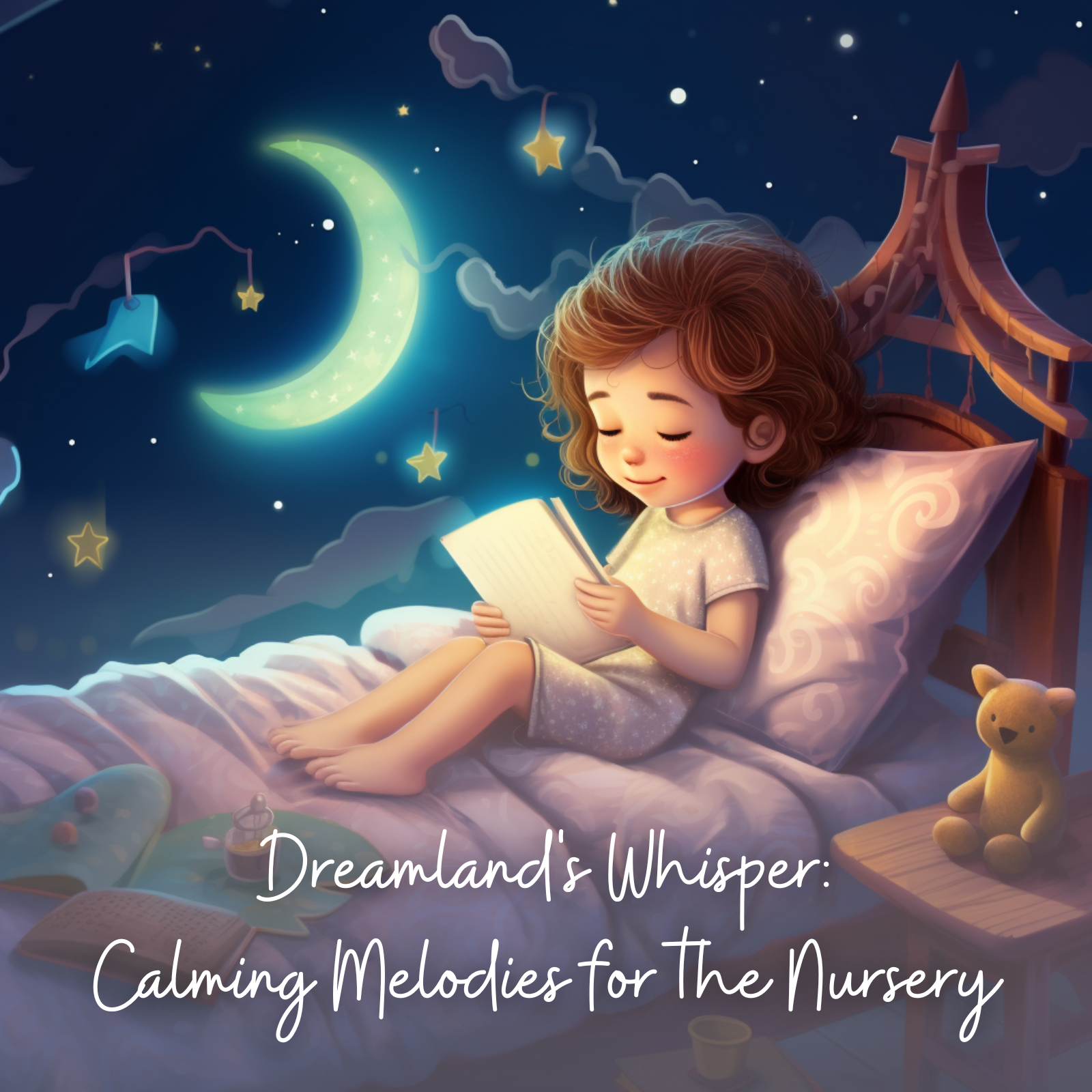 A young child with curly brown hair sits in bed reading a book under a glowing crescent moon and twinkling stars. The bedroom is filled with cozy details: a wooden bed frame, soft blankets, a plush teddy bear on the nightstand, and gentle hanging star decorations. The text on the image reads “Dreamland's Whisper: Calming Melodies for The Nursery” in a soft, handwritten font.