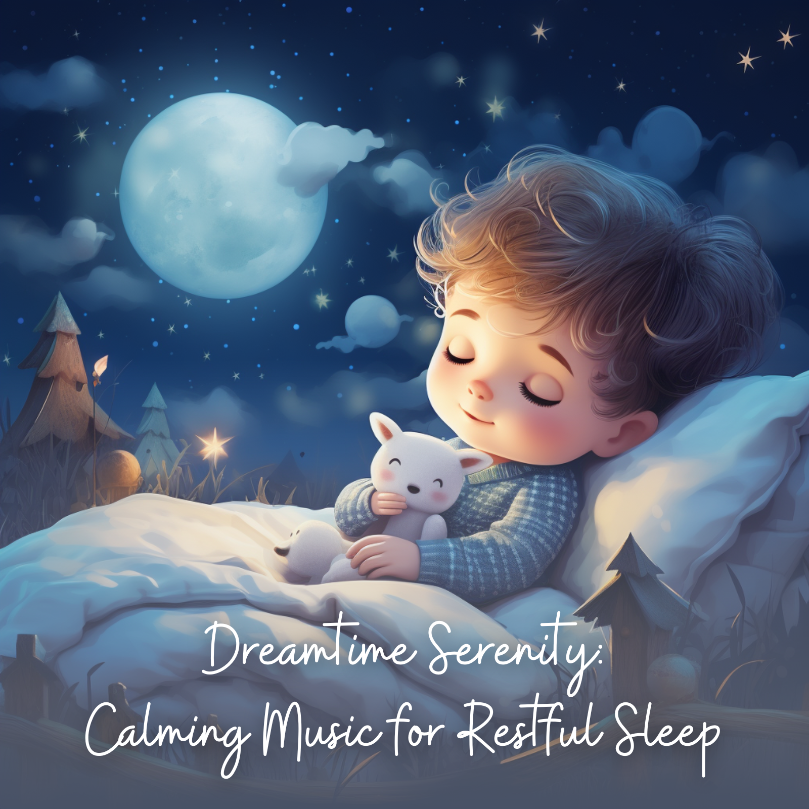 Illustration of a young child peacefully sleeping while cuddling a stuffed animal under a starry sky, with a glowing full moon and pine trees in the background, and the text “Dreamtime Serenity: Calming Music for Restful Sleep.”