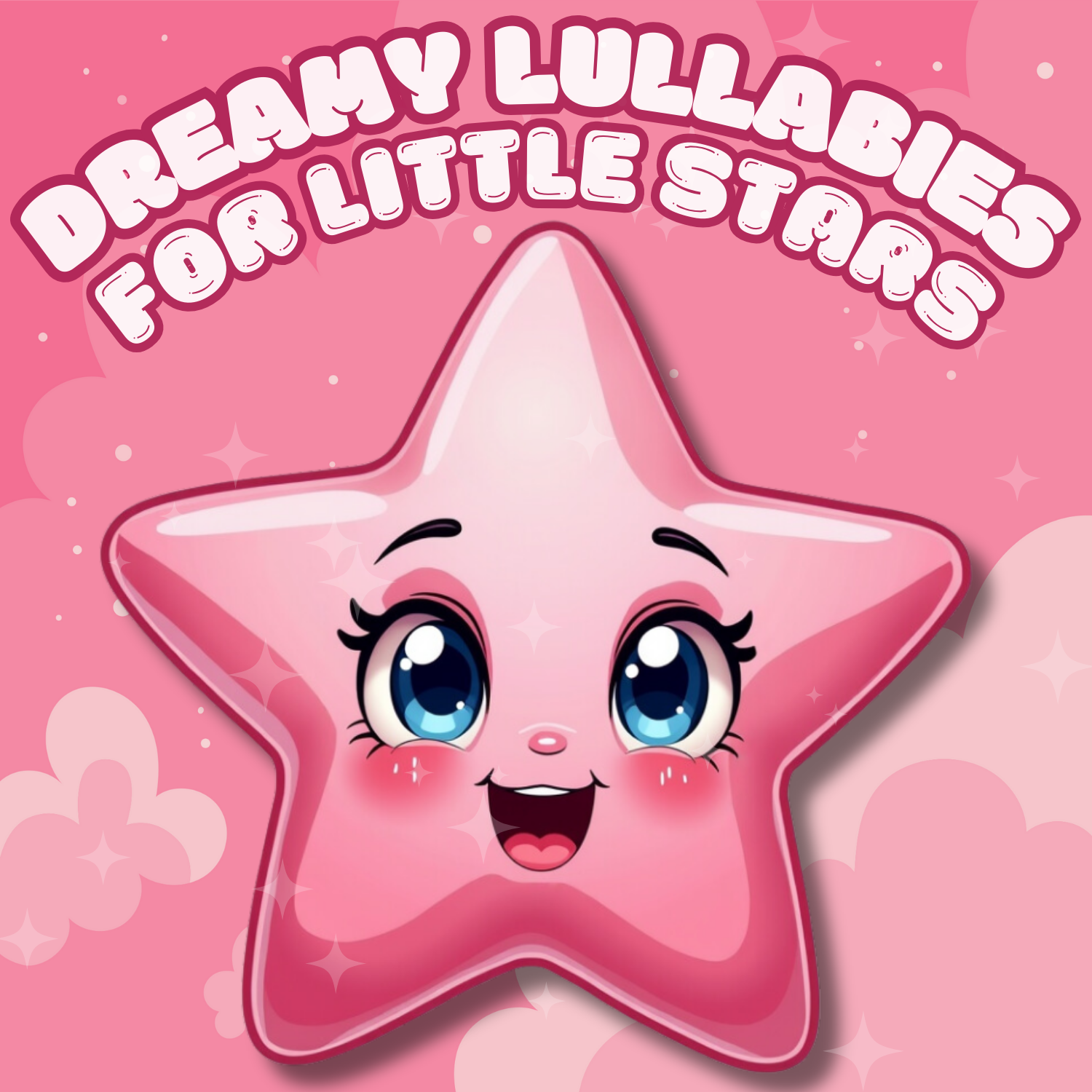 A cheerful, pink, cartoon star with sparkling blue eyes and a smiling face is featured at the center of a soft pink background filled with clouds and sparkles. The playful text above reads “Dreamy Lullabies for Little Stars,” creating a joyful and comforting bedtime atmosphere for children.