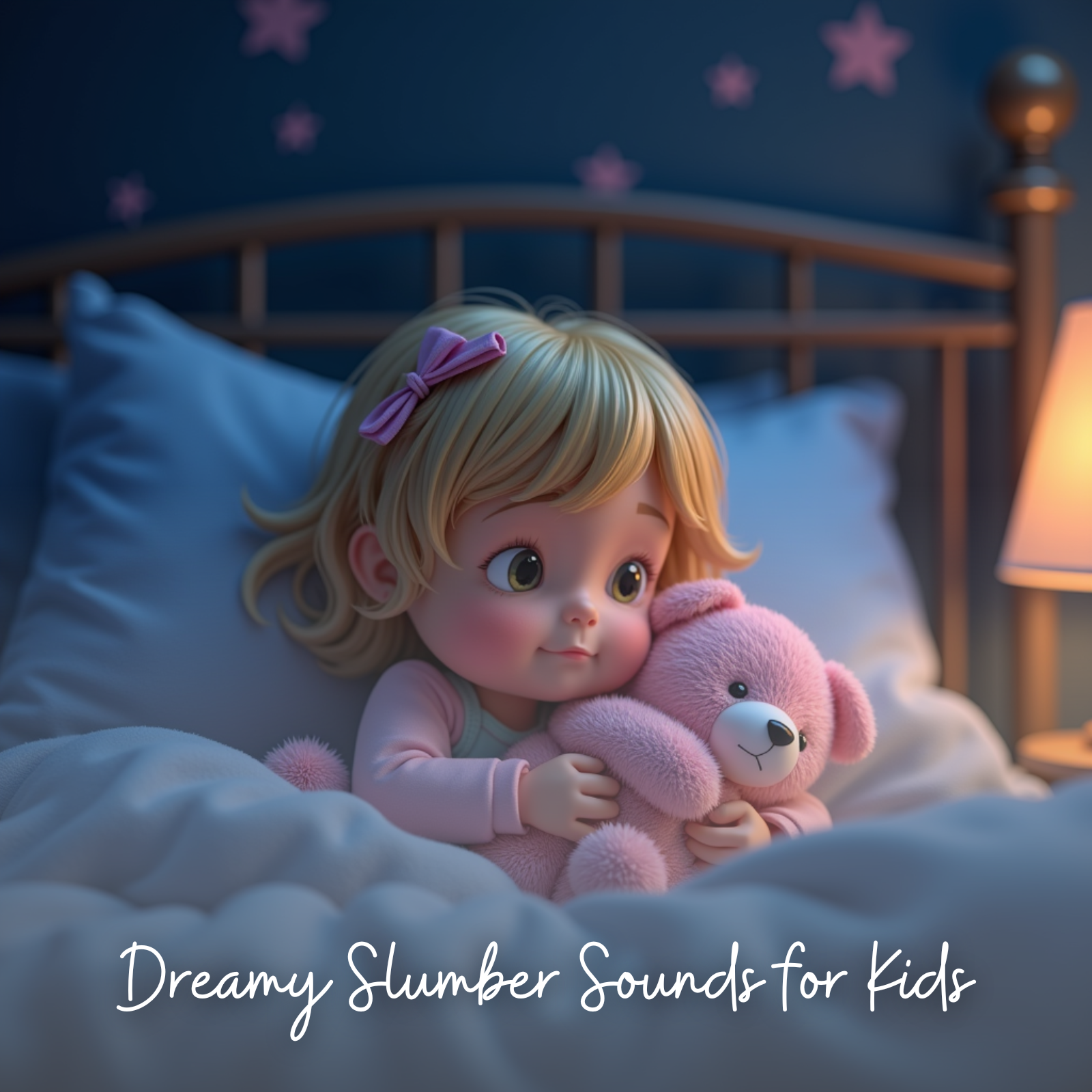 Illustrated toddler girl with blonde hair and a pink bow cuddling a plush teddy bear in bed, surrounded by soft blue bedding and warm bedside lamp light, with a dreamy night sky wall decorated with pink stars. Text overlay reads "Dreamy Slumber Sounds for Kids."