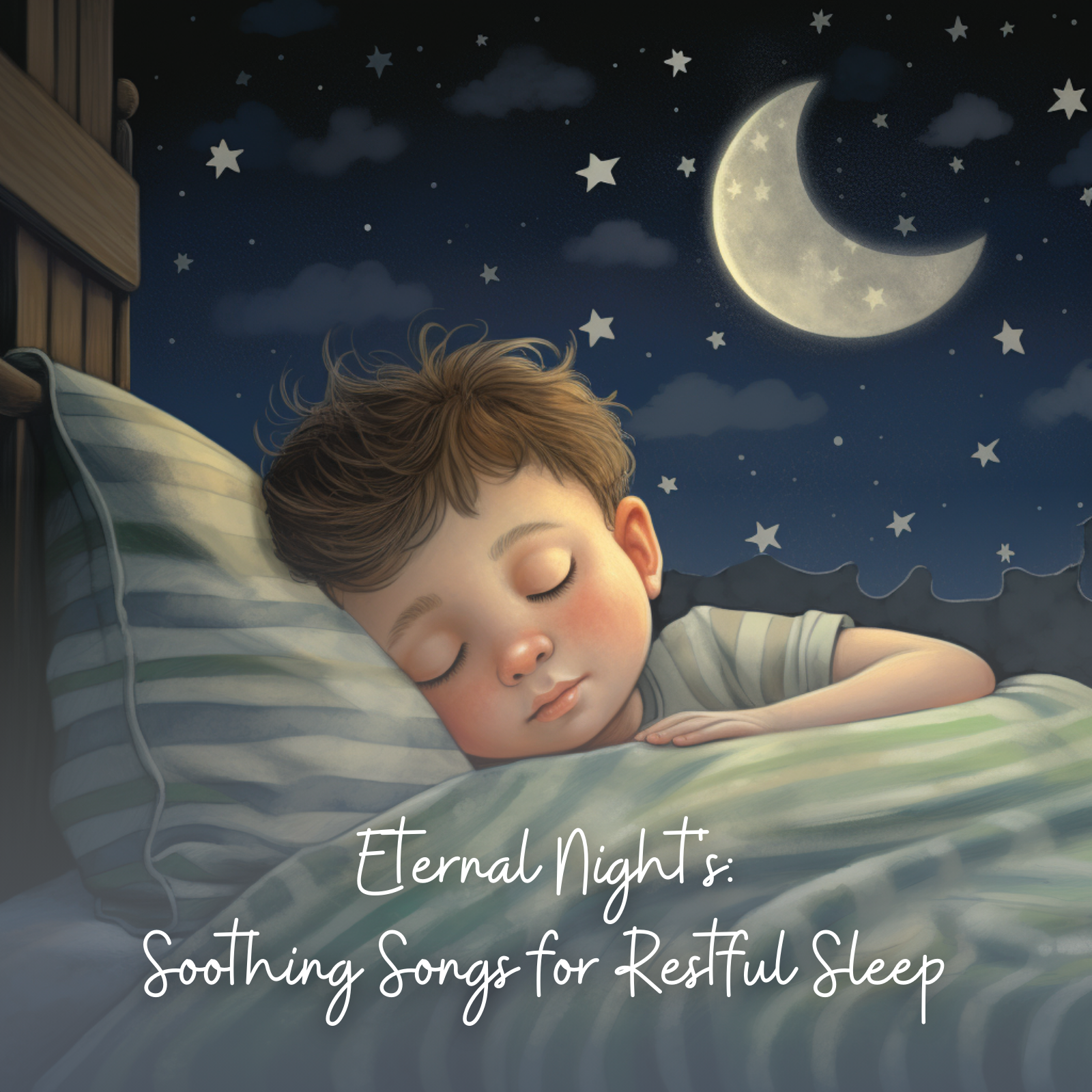 Illustration of a young boy peacefully sleeping in bed with green-striped bedding, under a night sky filled with stars, clouds, and a glowing crescent moon, featuring the text “Eternal Night’s: Soothing Songs for Restful Sleep.”