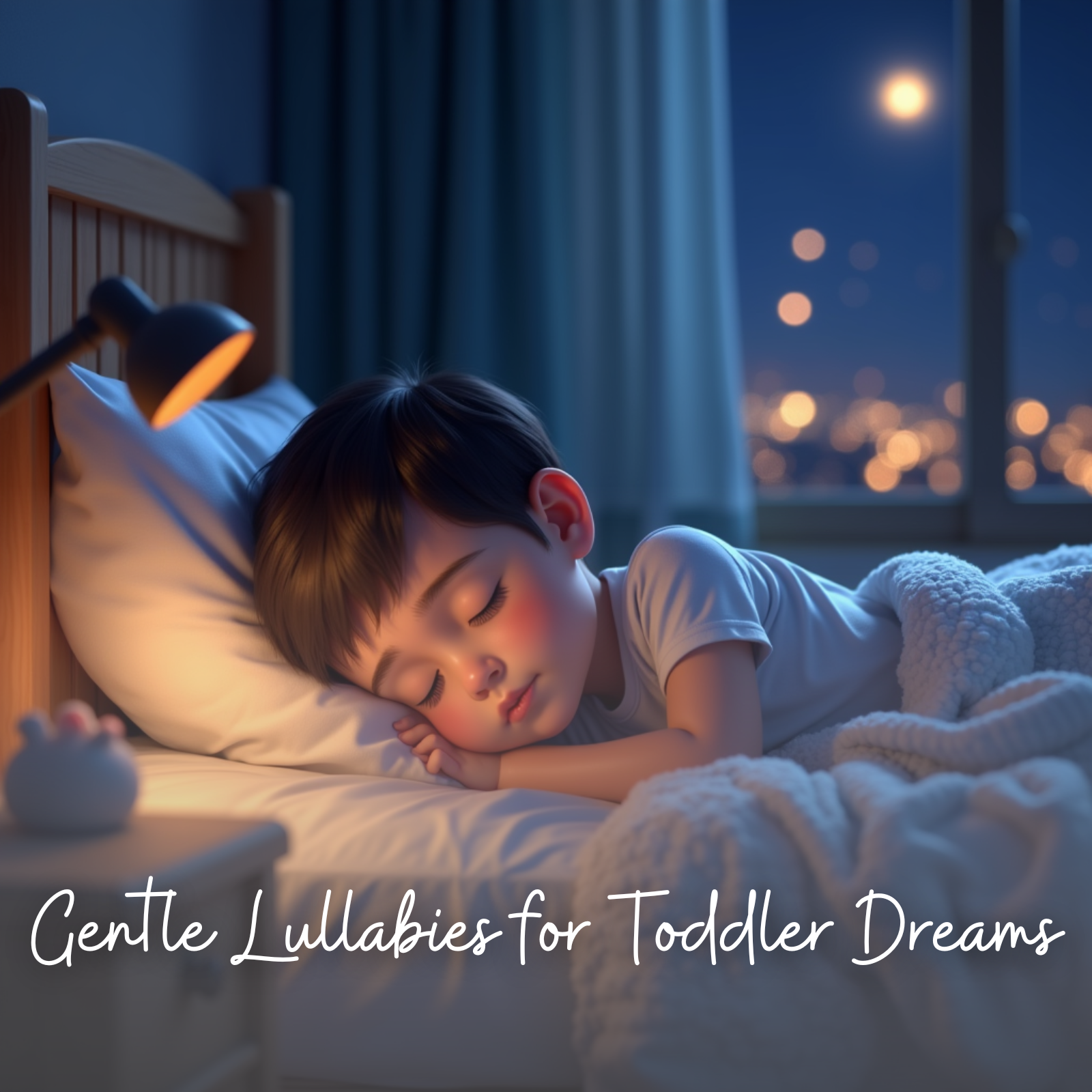 A peaceful toddler with short dark hair sleeps soundly in a cozy bed, softly lit by a bedside lamp. The room is calm and serene, with a view of a glowing moon and city lights through the window, complementing the title “Gentle Lullabies for Toddler Dreams.”