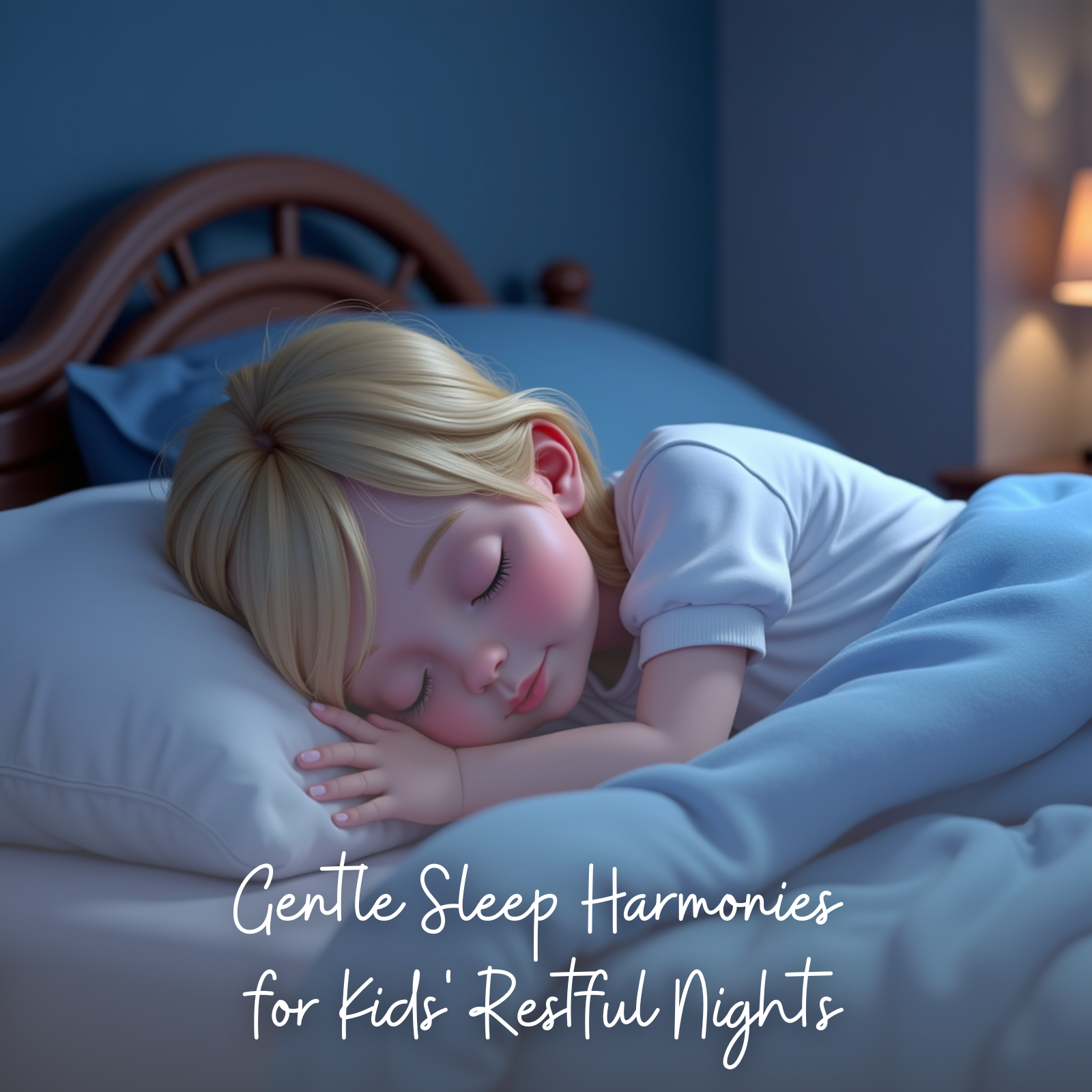 A young blonde girl peacefully sleeping in a cozy bed under a blue blanket, bathed in soft, calming nighttime light. The room has a soothing blue tone, creating a tranquil bedtime atmosphere. The text on the image reads: "Gentle Sleep Harmonies for Kids' Restful Nights."