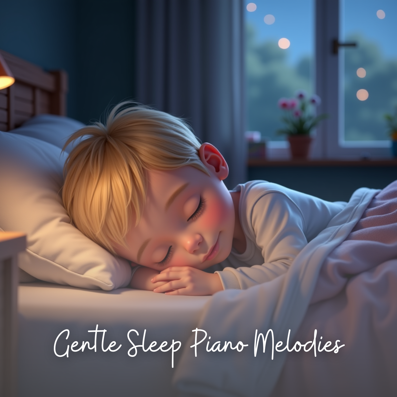 A peaceful toddler with blonde hair sleeps soundly in a cozy bed. The child is dressed in light sleepwear, resting on a white pillow under soft blankets. A warm-toned bedroom with potted plants and soft evening light through the window sets a calm mood. The text on the image reads: “Gentle Sleep Piano Melodies.”A peaceful toddler with blonde hair sleeps soundly in a cozy bed. The child is dressed in light sleepwear, resting on a white pillow under soft blankets. A warm-toned bedroom with potted plants and s