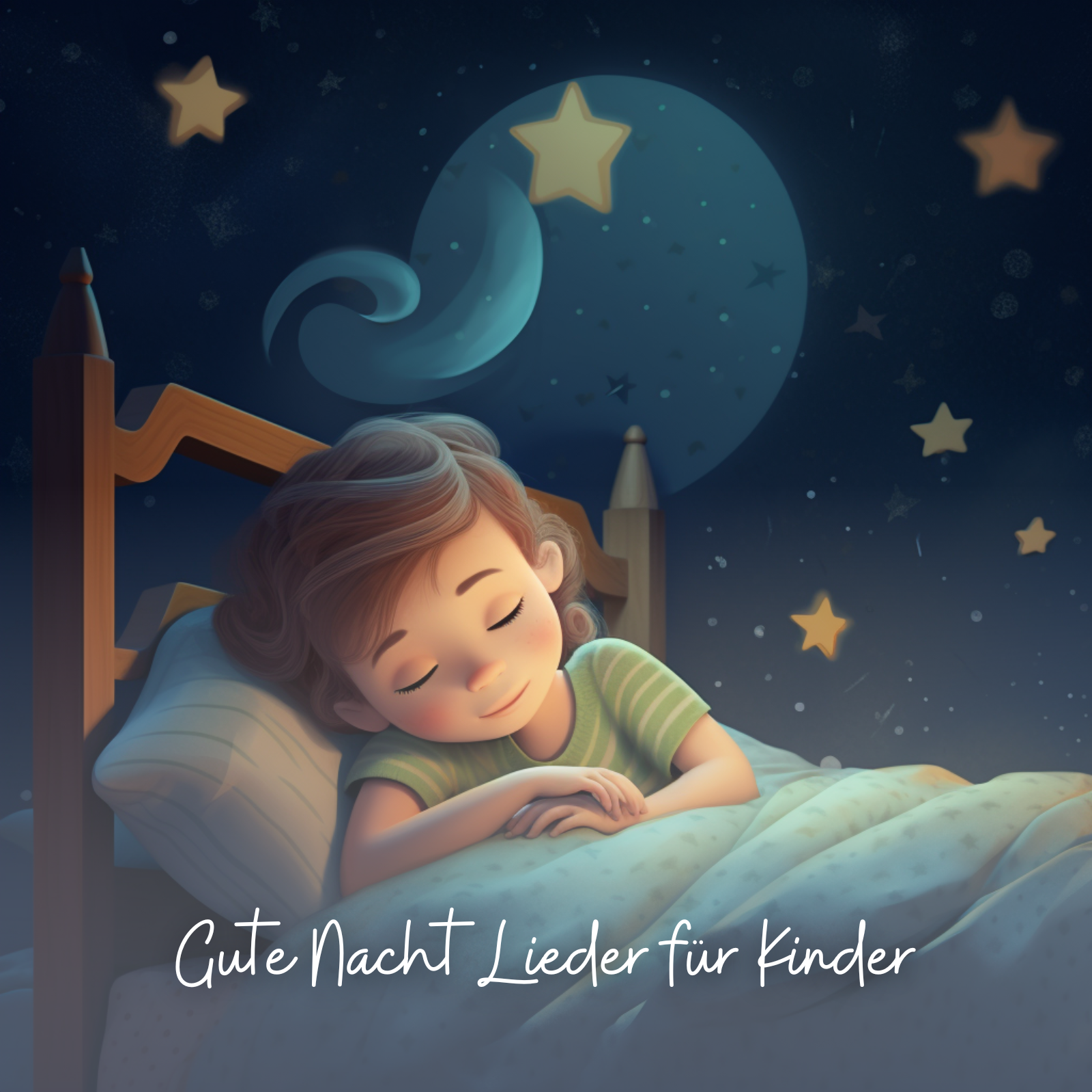 A young child sleeps peacefully in a bed under a soft blanket, with a dreamy night sky in the background. The sky features stars, a crescent moon, and whimsical cloud shapes, creating a magical bedtime atmosphere. The text reads: “Gute Nacht Lieder für Kinder,” which means “Good Night Songs for Children” in German.