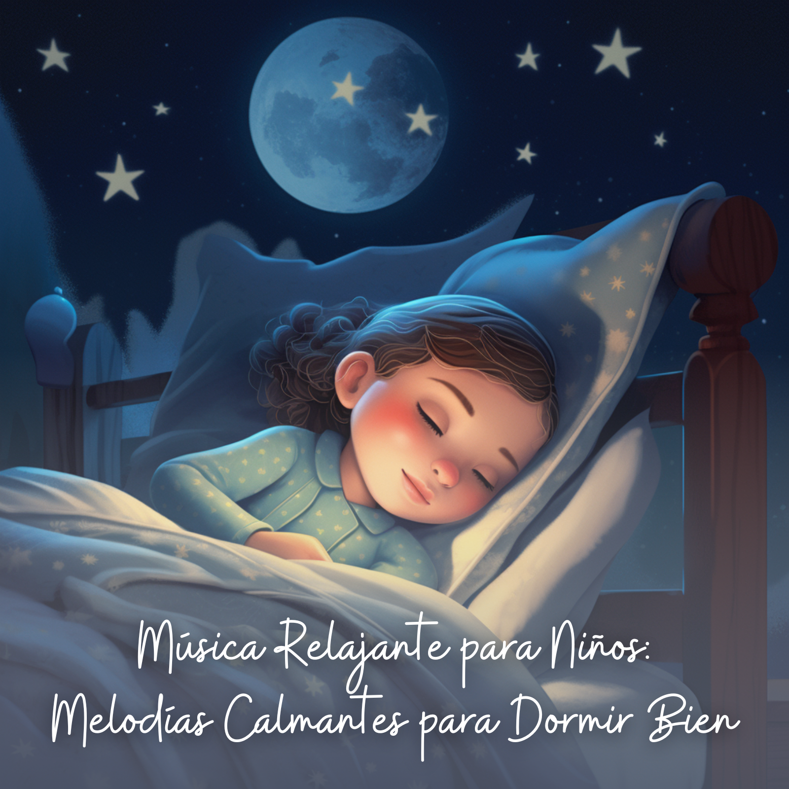 A peacefully sleeping girl lies tucked in a cozy bed beneath a deep blue night sky filled with twinkling stars and a glowing moon. She wears a blue pajama with tiny stars and rests against a star-patterned pillow. The scene radiates calm and warmth. Text reads: “Música Relajante para Niños: Melodías Calmantes para Dormir Bien,” meaning “Relaxing Music for Kids: Soothing Melodies for a Good Night’s Sleep.”