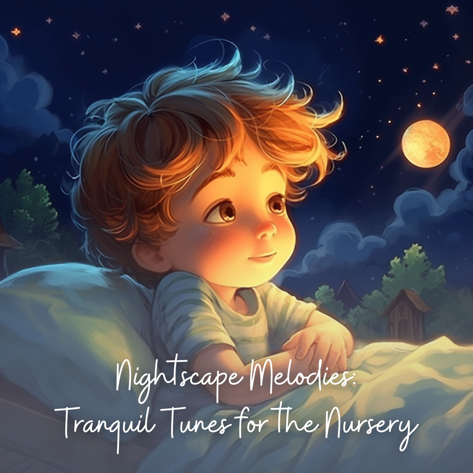 Illustration of a young child with tousled hair gazing up at the starry sky and full moon from bed, surrounded by trees and cottages, with the text “Nightscape Melodies: Tranquil Tunes for the Nursery.”