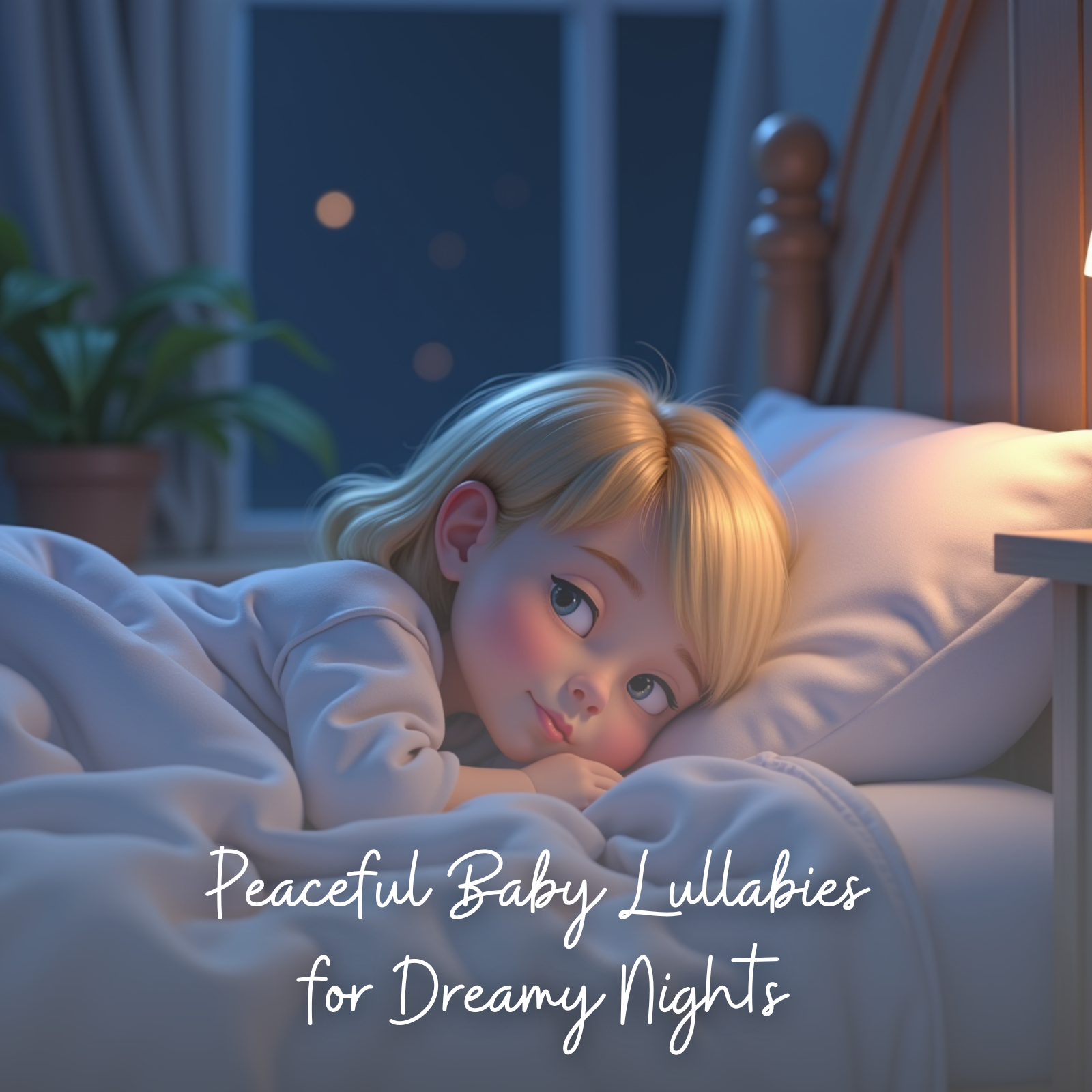 A toddler with blonde hair lies comfortably in bed, gazing softly with sleepy eyes under a warm, gentle night light. The bedroom glows with calm hues, and the window reveals a starry night. Text at the bottom reads: “Peaceful Baby Lullabies for Dreamy Nights.”