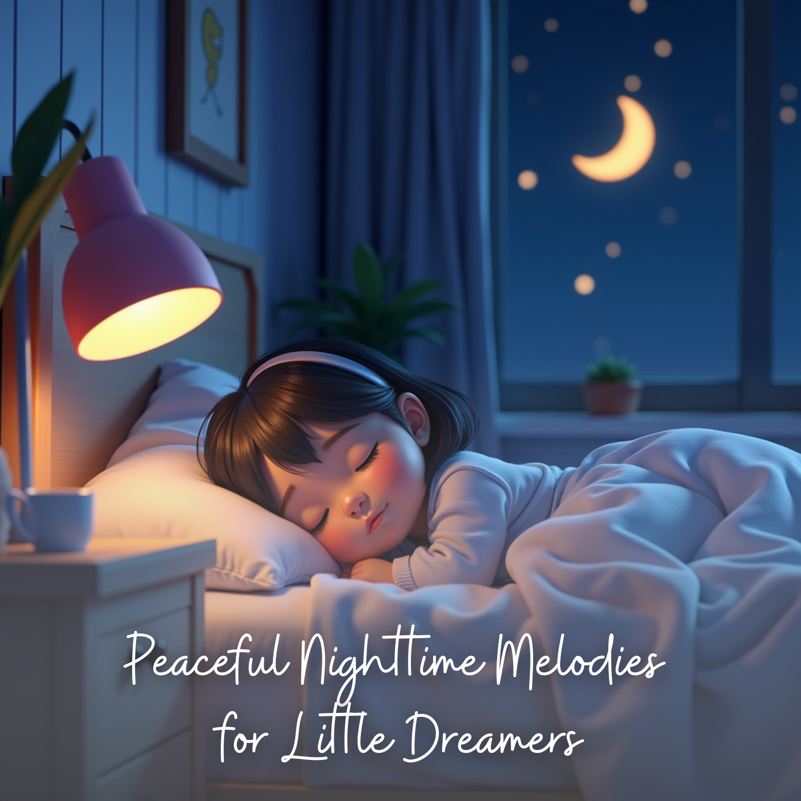 Illustration of a little girl with dark hair peacefully sleeping in a cozy bed, surrounded by warm night lighting and a crescent moon shining through the window. The calm bedroom setting, including a nightstand lamp and indoor plants, evokes a serene and dreamy atmosphere. The text overlay reads: “Peaceful Nighttime Melodies for Little Dreamers.”