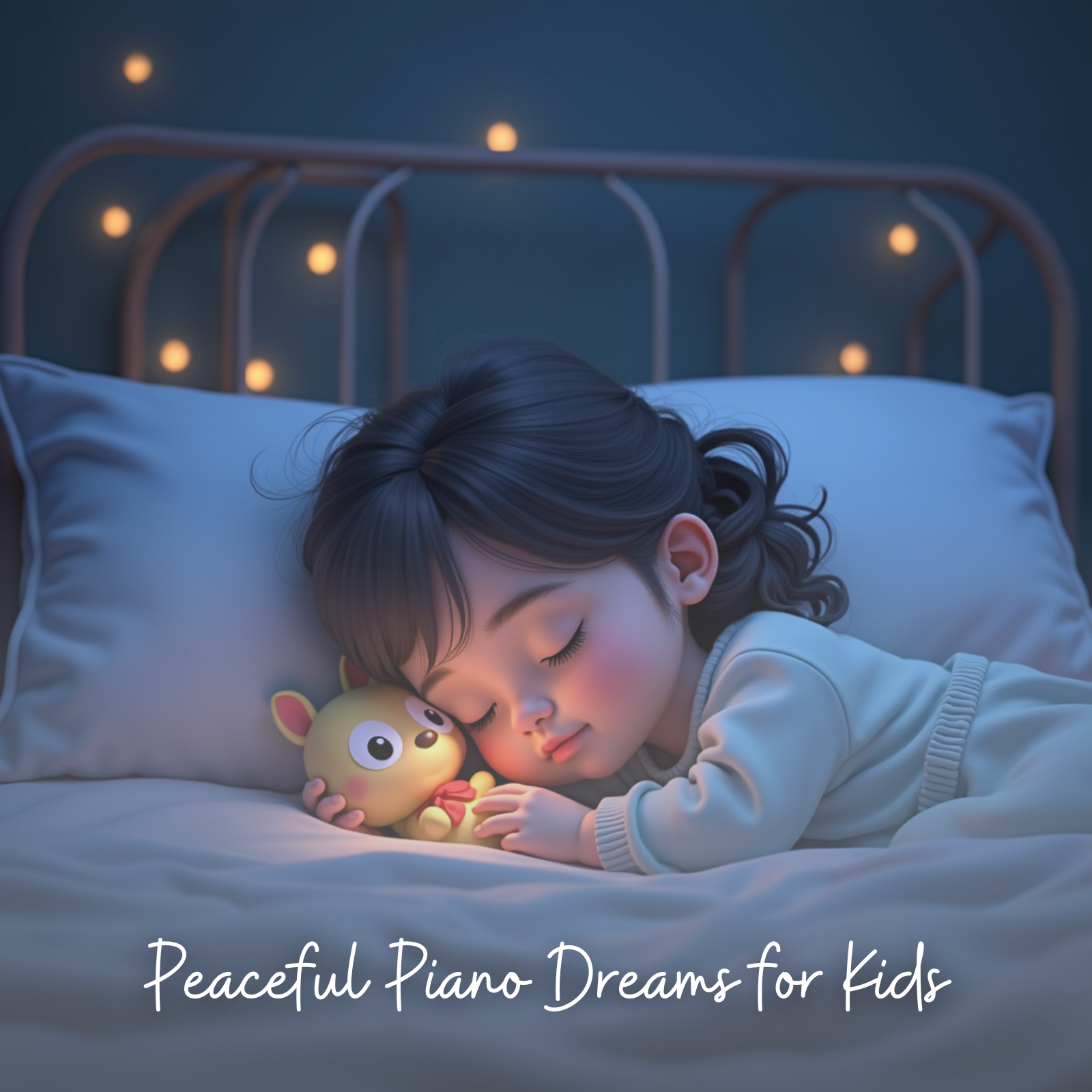 A little girl with dark hair sleeps peacefully on a cozy bed, holding a glowing plush toy shaped like a deer or fantasy animal. The soft lighting and warm fairy lights on the wall behind the bed create a magical and soothing nighttime atmosphere. The image is titled: “Peaceful Piano Dreams for Kids.”