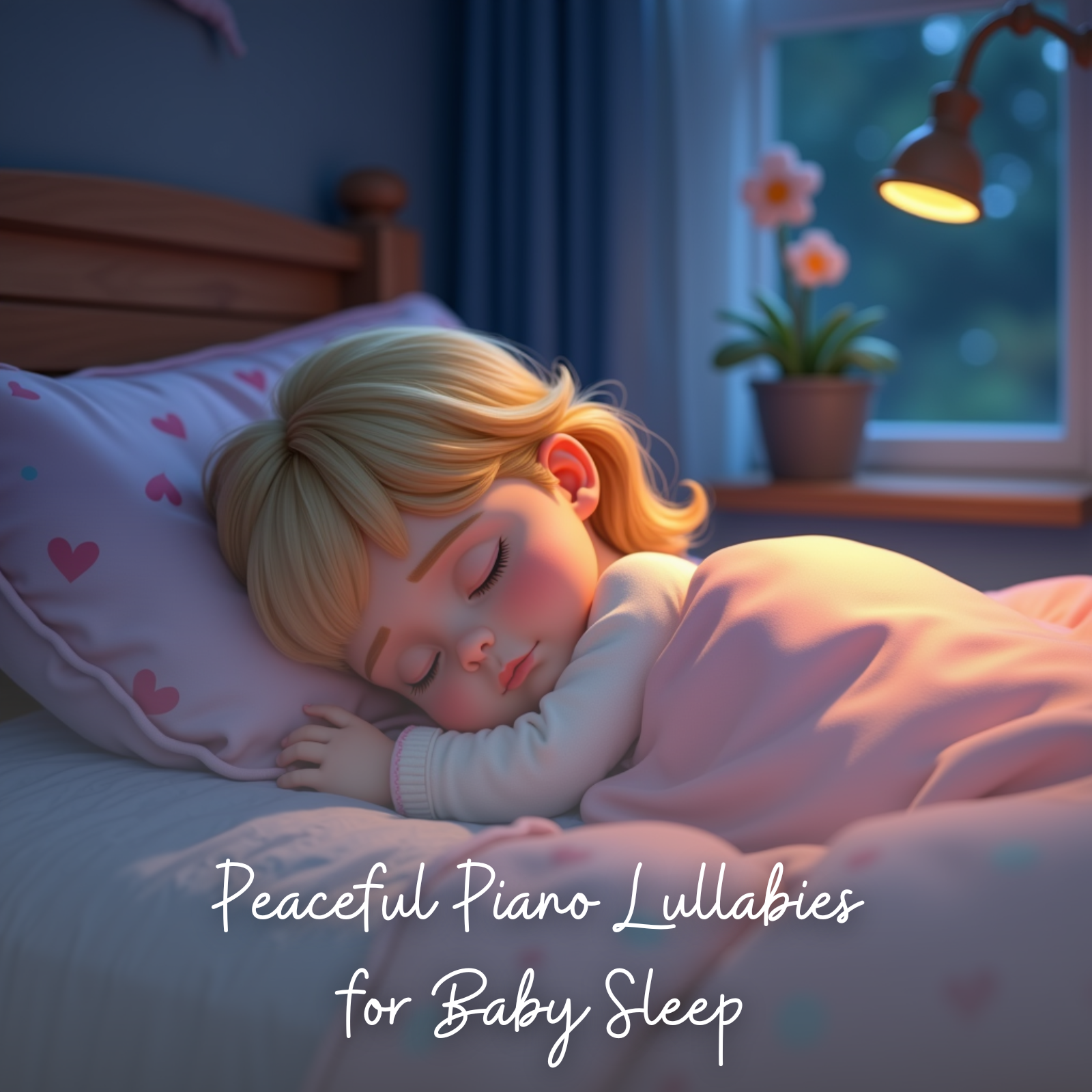 A small blonde girl peacefully sleeping on a heart-patterned pillow in a softly lit nursery. She’s wrapped in a cozy pink blanket, with a warm reading lamp and blooming flowers on the windowsill in the background. The image text reads: “Peaceful Piano Lullabies for Baby Sleep”.