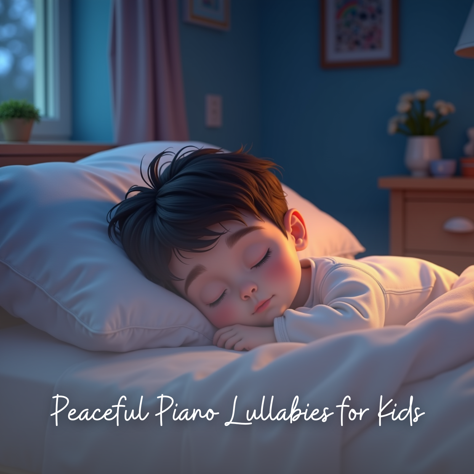 A young child with dark hair sleeps peacefully on a white pillow in a cozy, softly lit bedroom. The background includes a nightstand with a vase of flowers and framed children's drawings on the wall, creating a warm bedtime atmosphere. The text reads: “Peaceful Piano Lullabies for Kids.”