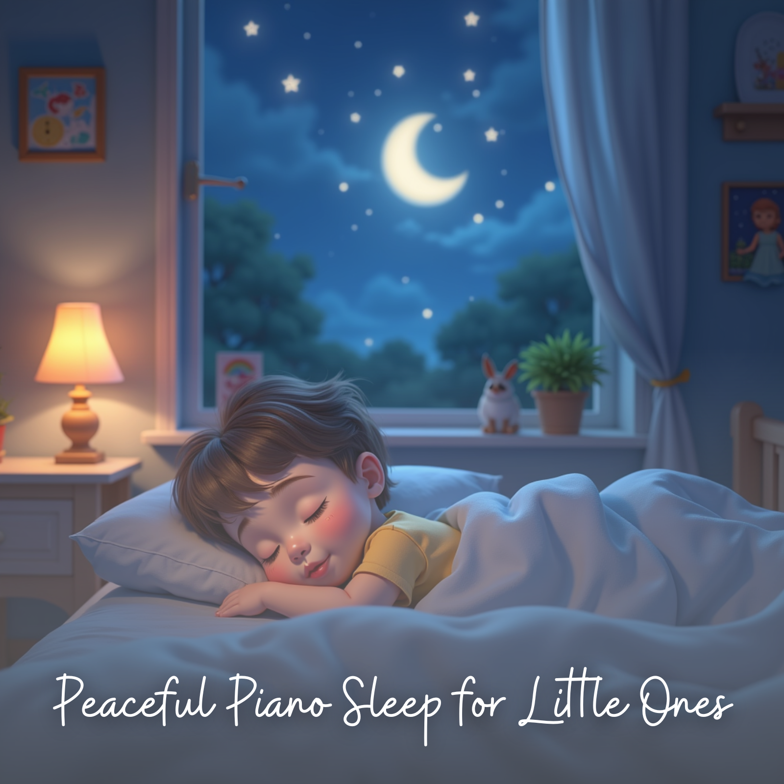 A peaceful bedroom scene with a young boy asleep in bed, wearing a yellow shirt and tucked under a soft blanket. The room is warmly lit by a bedside lamp, and outside the window, a crescent moon and stars illuminate the night sky. Plush toys and framed drawings add a cozy, child-friendly atmosphere. The text “Peaceful Piano Sleep for Little Ones” is written across the bottom.