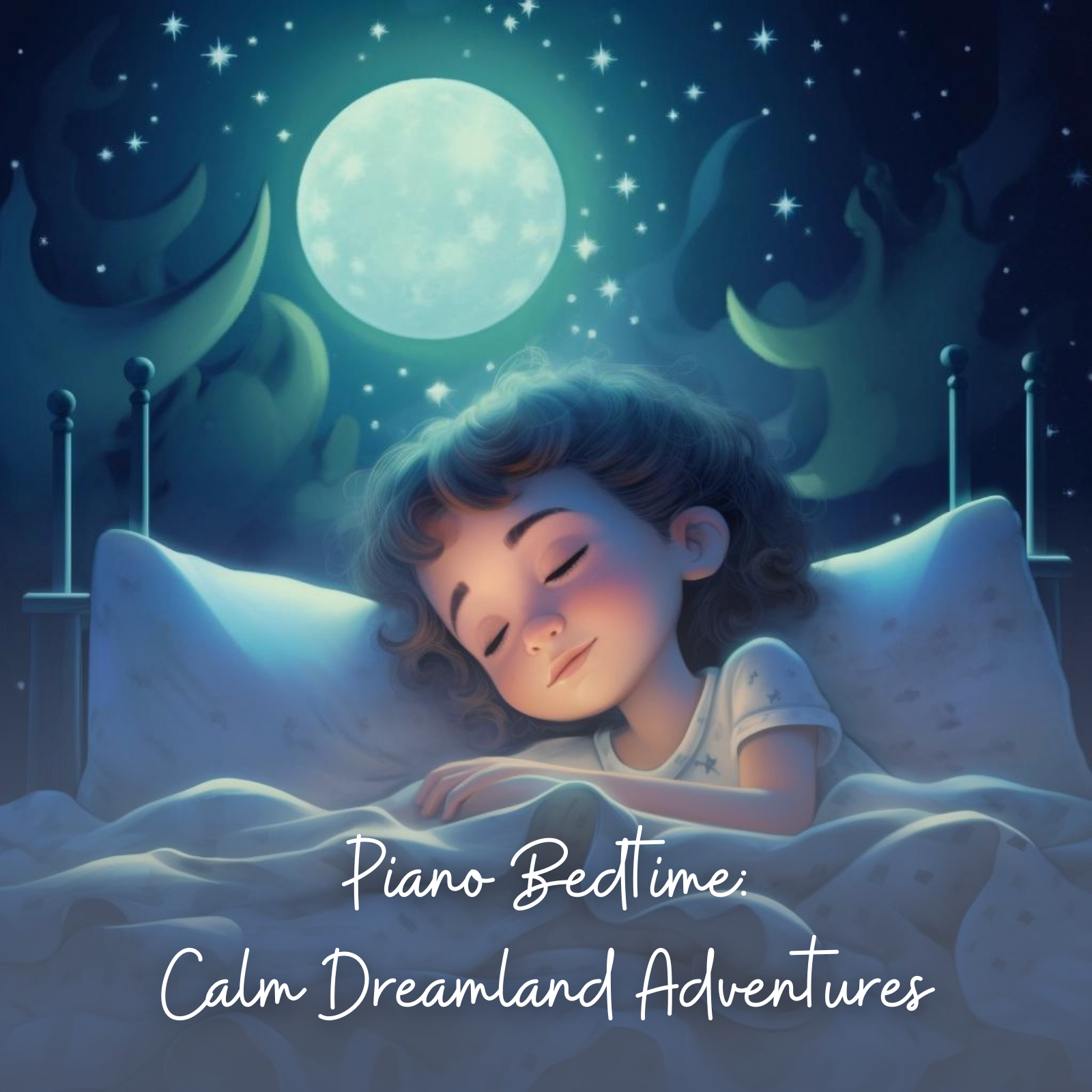 Illustration of a young child peacefully sleeping in bed under a starry night sky with a glowing full moon, evoking a dreamy and magical bedtime setting, accompanied by the text “Piano Bedtime: Calm Dreamland Adventures.”