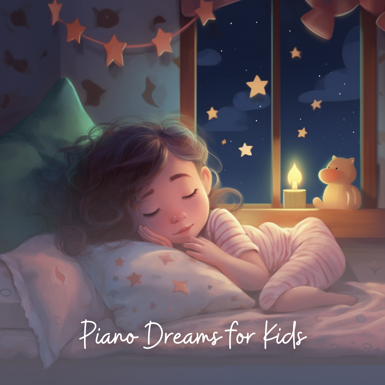 A young girl with curly hair peacefully sleeping in bed, wearing striped pajamas, surrounded by cozy pillows with star patterns. Behind her, a warmly lit bedroom window reveals a dreamy night sky dotted with stars and clouds. A candle glows softly next to a teddy bear on the windowsill. The text “Piano Dreams for Kids” is written at the bottom.