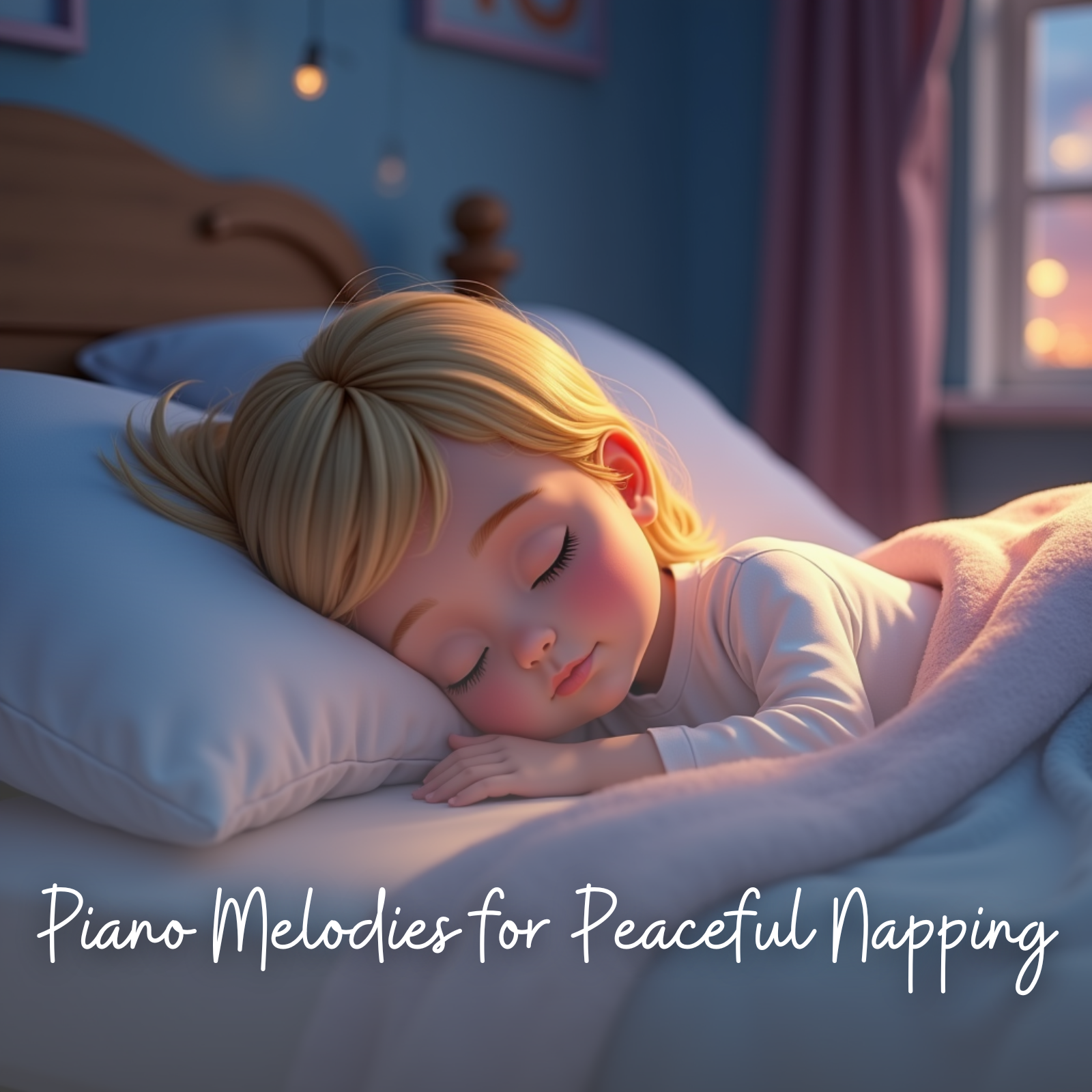 A young blonde child is peacefully napping in a cozy bed with a pink blanket, resting on a white pillow in a softly lit room. Warm tones from the sunset filter through the window, creating a tranquil atmosphere. The image features the text: “Piano Melodies for Peaceful Napping.”