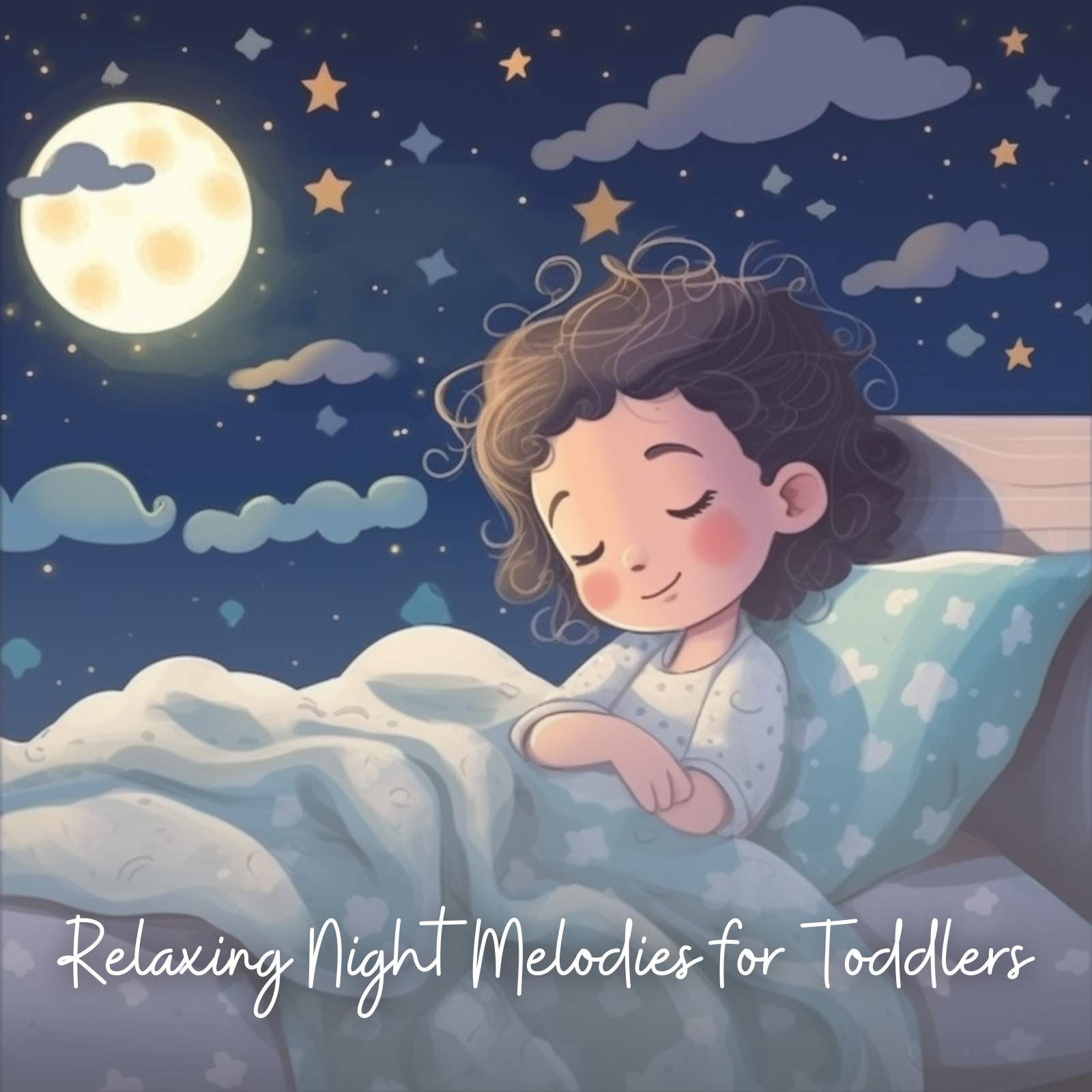 Illustration of a toddler with curly hair peacefully sleeping under a cozy white blanket in a soft-lit room. The window view shows a serene night sky filled with fluffy clouds, twinkling stars, and a bright full moon, creating a dreamy bedtime atmosphere. The text “Relaxing Night Melodies for Toddlers” is elegantly written at the bottom.