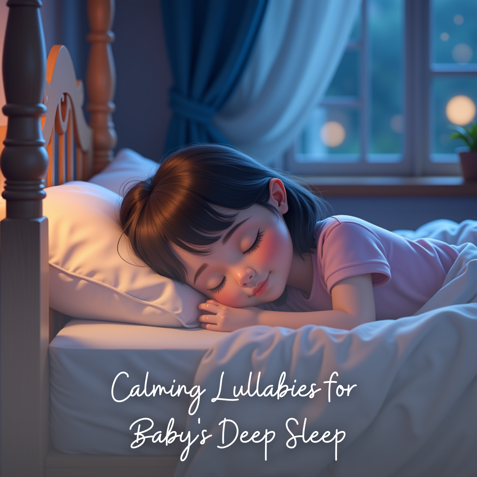 A peaceful scene of a young girl sleeping in a soft, warmly lit bedroom. She has dark hair and is tucked under a light blanket, lying on a comfortable bed. In the background, the room is softly decorated with a framed picture and a potted plant on a wooden nightstand. Outside the window, evening light gently glows. The text on the image says: “Relaxing Piano Lullabies for Kids.”