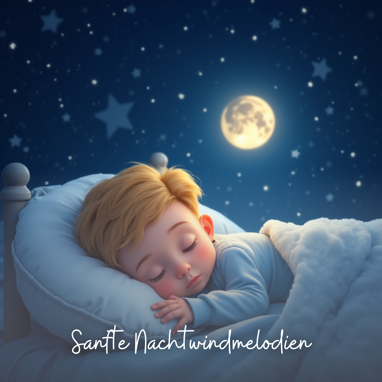 Ein kleiner Junge mit blondem Haar schläft friedlich in einem kuscheligen Bett unter einer weichen weißen Decke. Der Himmel ist sternenklar mit einer leuchtenden Vollmondkulisse im Hintergrund, die eine traumhafte Atmosphäre schafft. Über dem Kind steht der Titel „Sanfte Nachtwindmelodien“ in weißer Schrift – ideal für ein Album mit beruhigender Schlafmusik für Kinder.