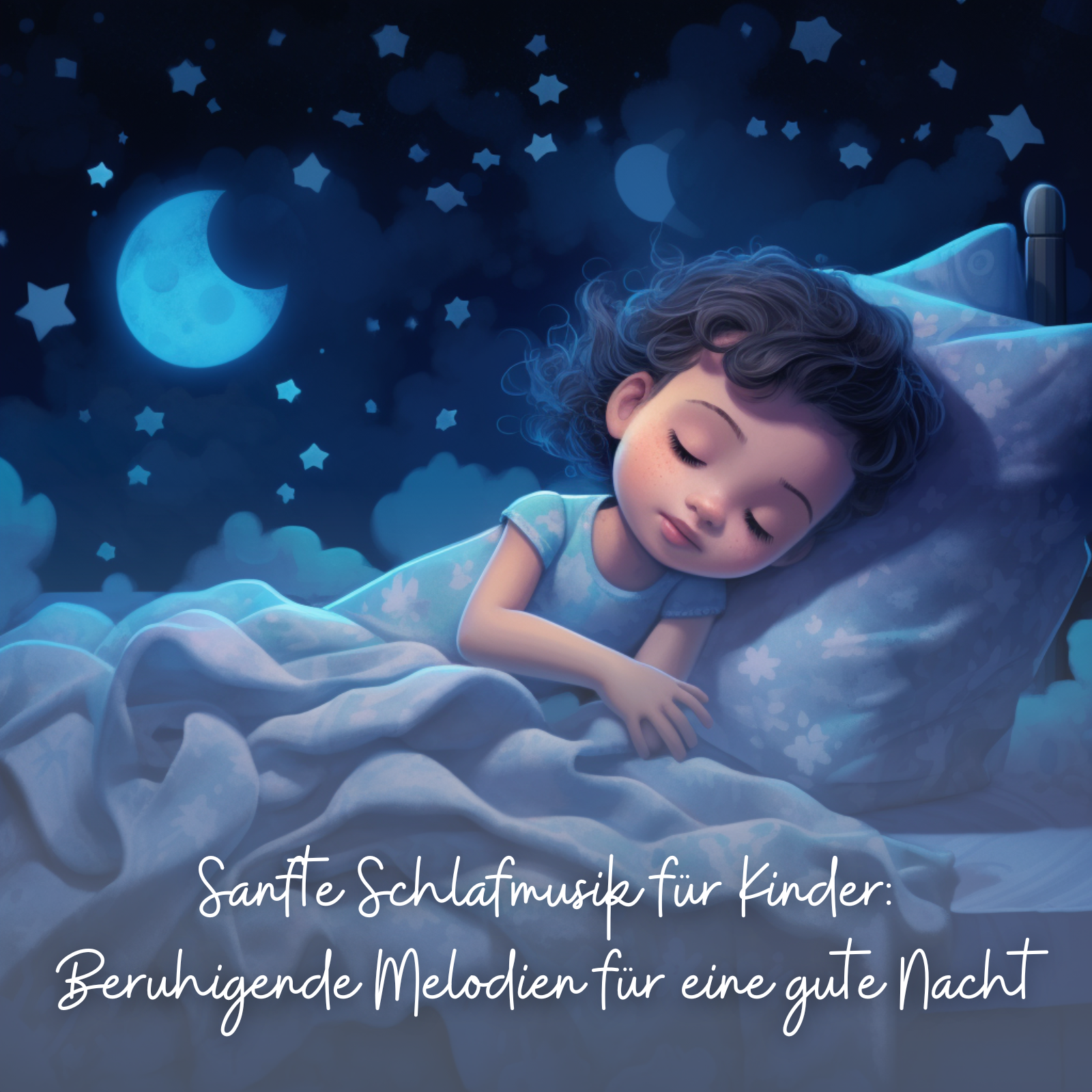 A young girl with curly hair sleeps soundly in a bed under a soft blanket. She is wearing a blue nightgown with light floral patterns. The sky above is filled with stars and a glowing crescent moon among dark blue clouds. The atmosphere is peaceful and calming. Text in German reads: “Sanfte Schlafmusik für Kinder: Beruhigende Melodien für eine gute Nacht.”