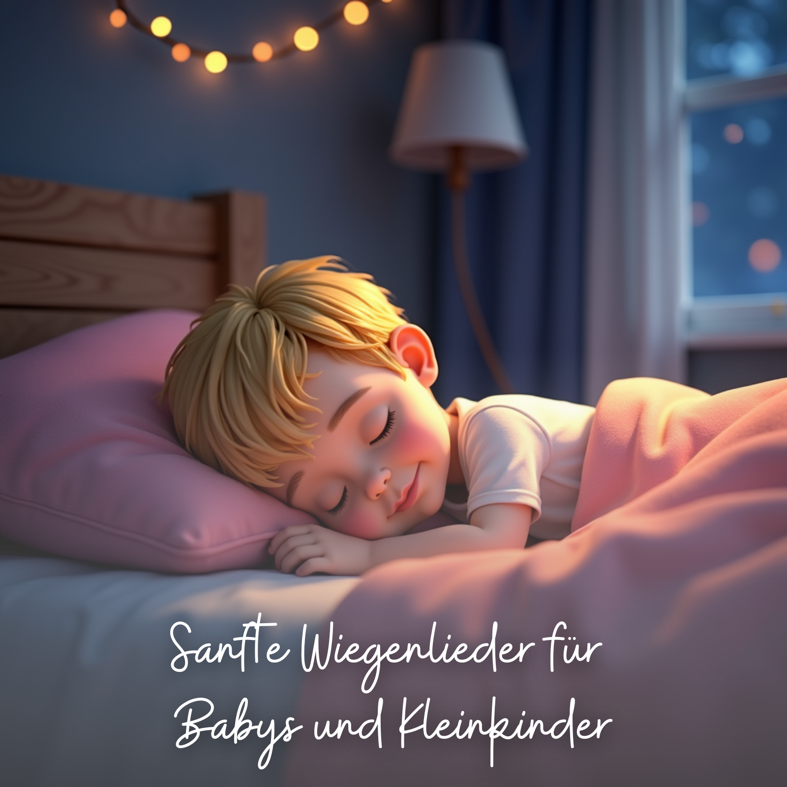 Ein blondes Kleinkind liegt ruhig in einem Bett mit rosafarbener Decke und Kissen, während es friedlich schläft. Im Hintergrund hängen warme, runde Lichterketten an einer blauen Wand, was eine gemütliche und beruhigende Atmosphäre erzeugt. Die weiße Schrift auf dem Bild trägt den Titel „Sanfte Wiegenlieder für Babys und Kleinkinder“.