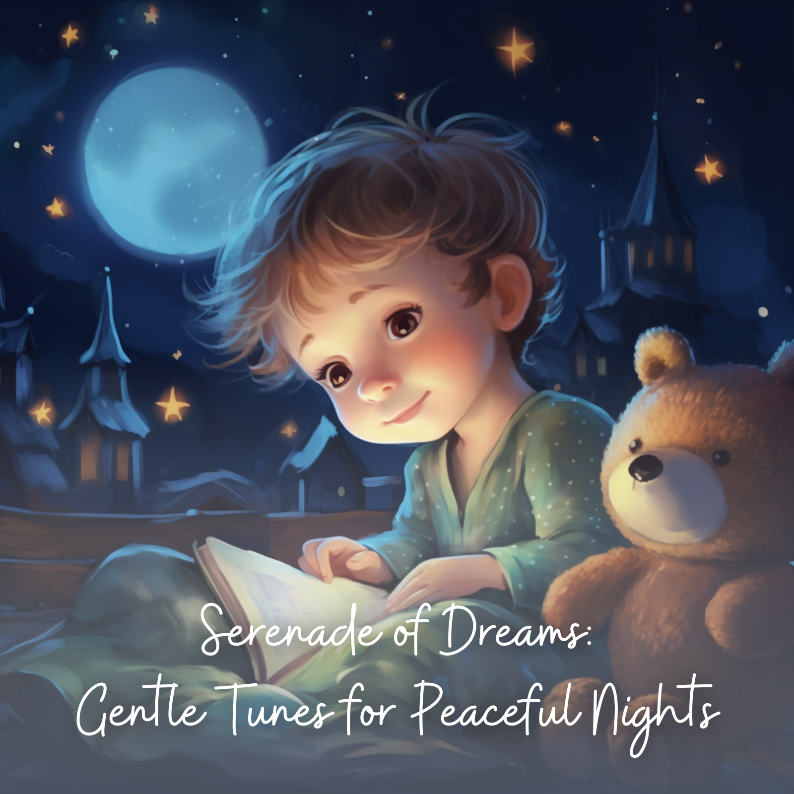Illustration of a young child in green pajamas reading a bedtime story beside a teddy bear, with a glowing full moon and whimsical rooftops in the background, featuring the text “Serenade of Dreams: Gentle Tunes for Peaceful Nights.”