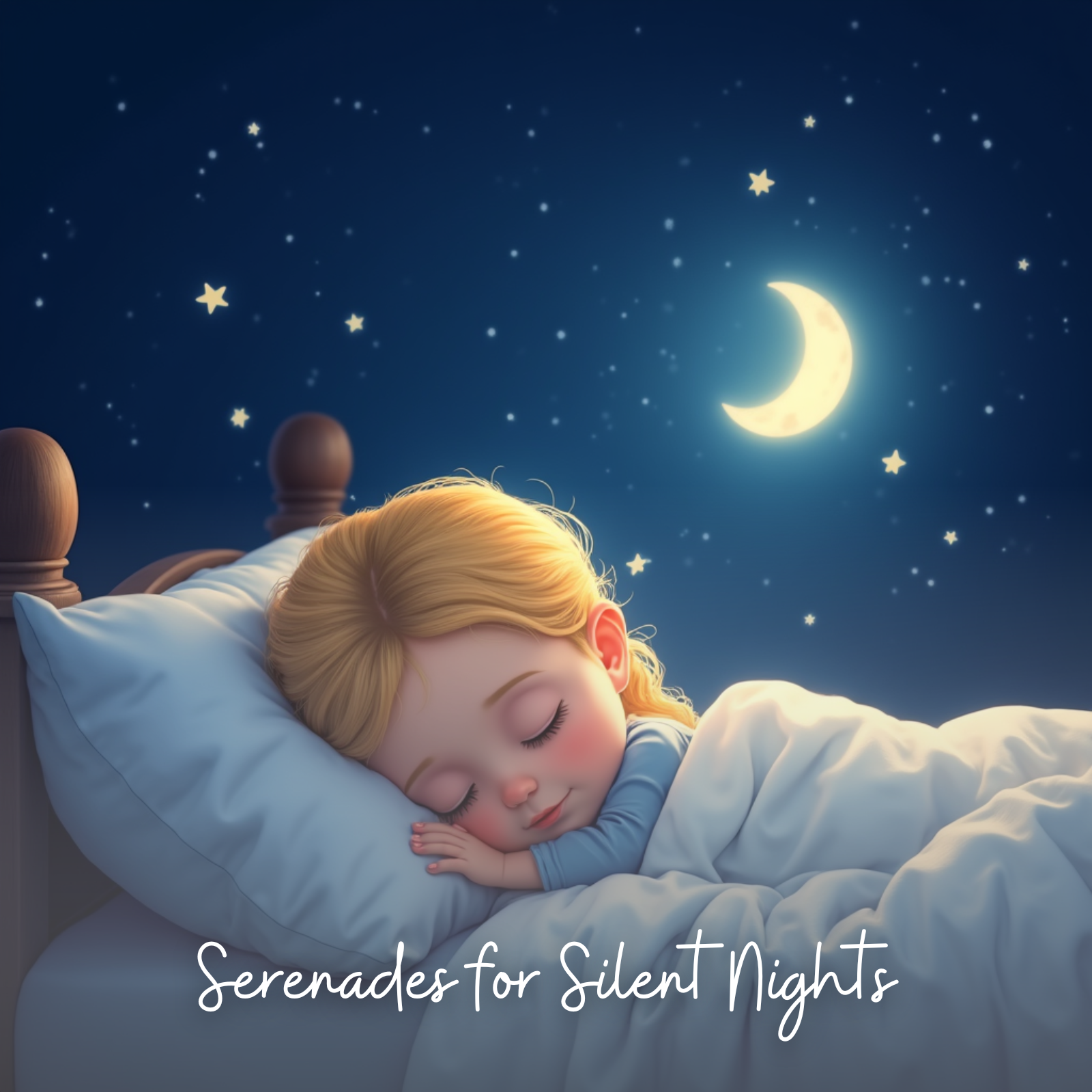 A peaceful illustration of a young blonde girl sound asleep in a cozy bed, wrapped in a soft white blanket under a starry night sky. A glowing crescent moon and scattered stars fill the tranquil background, emphasizing the serene bedtime setting. The image includes the title text “Serenades for Silent Nights,” reinforcing the calm and dreamy atmosphere.