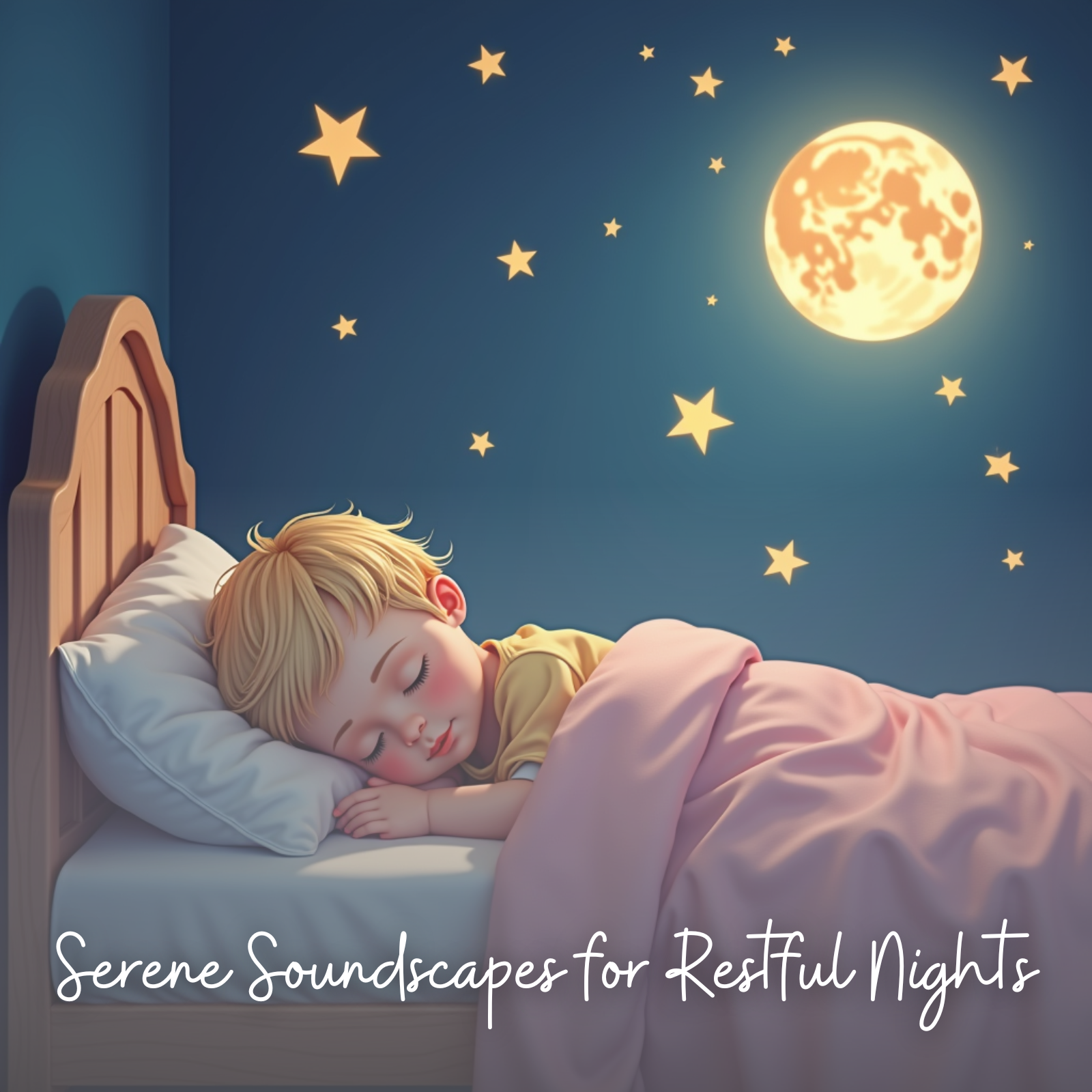 Illustration of a young blonde child peacefully sleeping in a wooden bed with a pink blanket, under a night sky filled with stars and a glowing full moon, featuring the text “Serene Soundscapes for Restful Nights.”