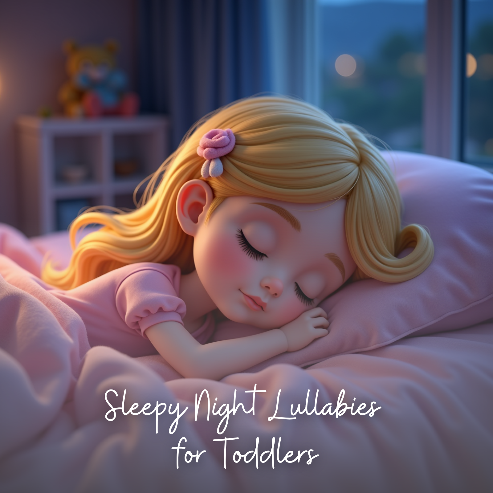 A sweet blonde toddler girl with a pink flower hair clip sleeps peacefully on a soft pink pillow, wrapped in cozy blankets. The gentle bedroom lighting and blurred background toys enhance the comforting bedtime atmosphere, matching the title “Sleepy Night Lullabies for Toddlers.”
