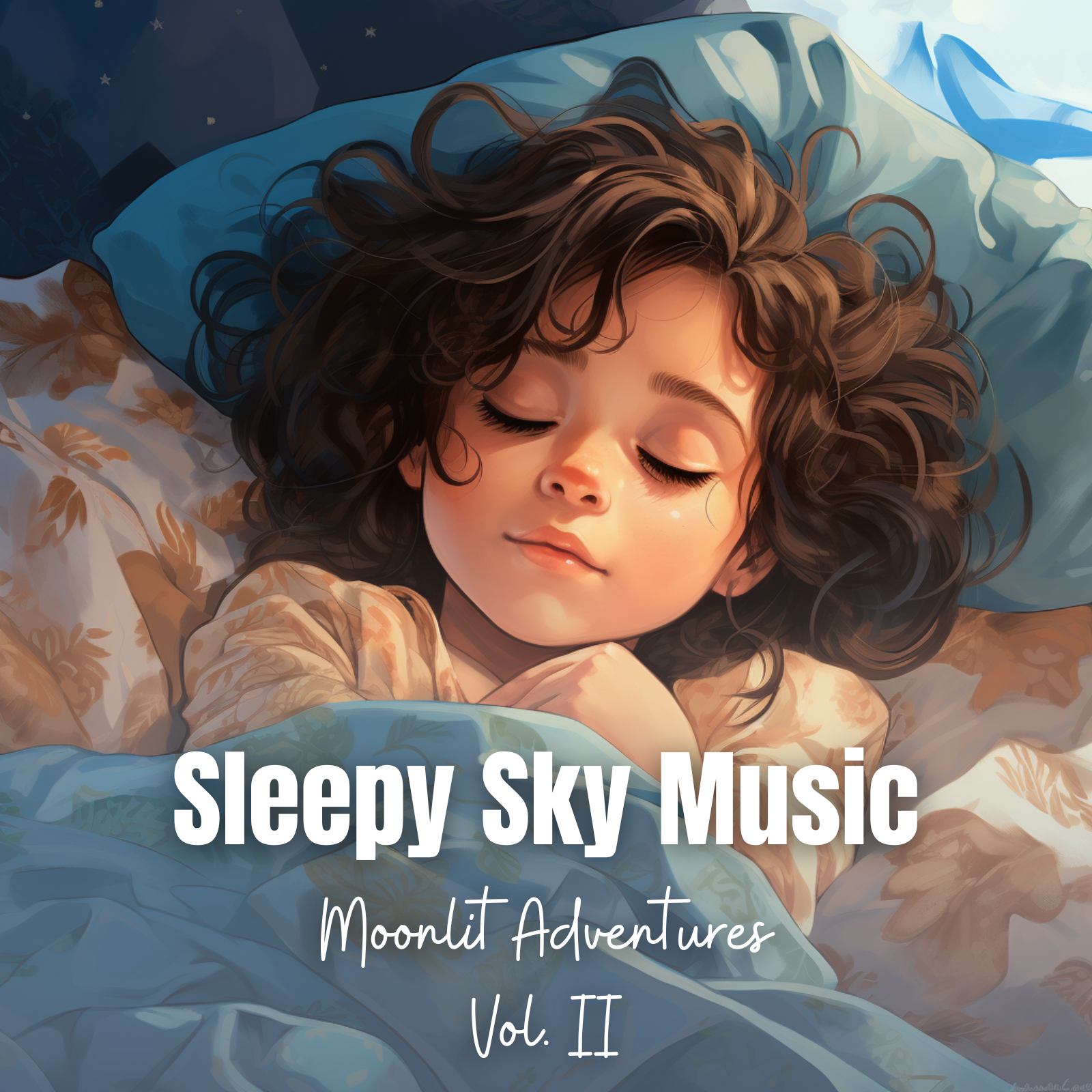 A young girl with curly hair sleeps peacefully in bed under soft morning light, wrapped in cozy blankets. The image conveys calmness and comfort, featuring the album title "Sleepy Sky Music – Moonlit Adventures Vol. II" prominently.