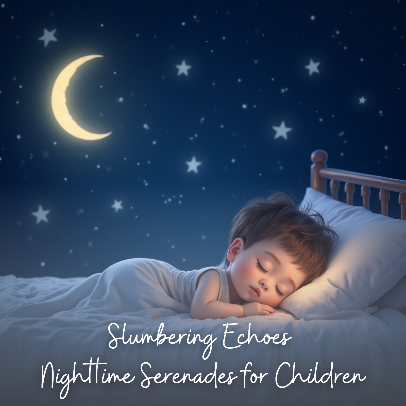 A small child with short dark hair sleeps soundly under a soft blanket in a cozy bed. Above, a clear night sky filled with stars and a crescent moon casts a peaceful glow. The mood is calm and serene, with the text overlay reading: “Slumbering Echoes – Nighttime Serenades for Children.”
