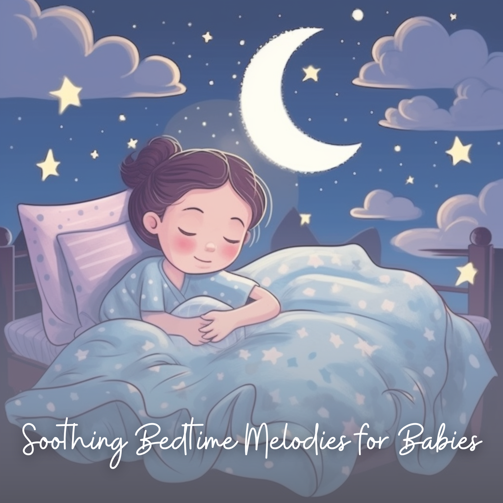 An illustrated baby girl sleeps peacefully in a cozy bed covered with a starry blue blanket, beneath a dreamy night sky with a large crescent moon, glowing stars, and soft clouds. The soft script at the bottom reads: “Soothing Bedtime Melodies for Babies.”
