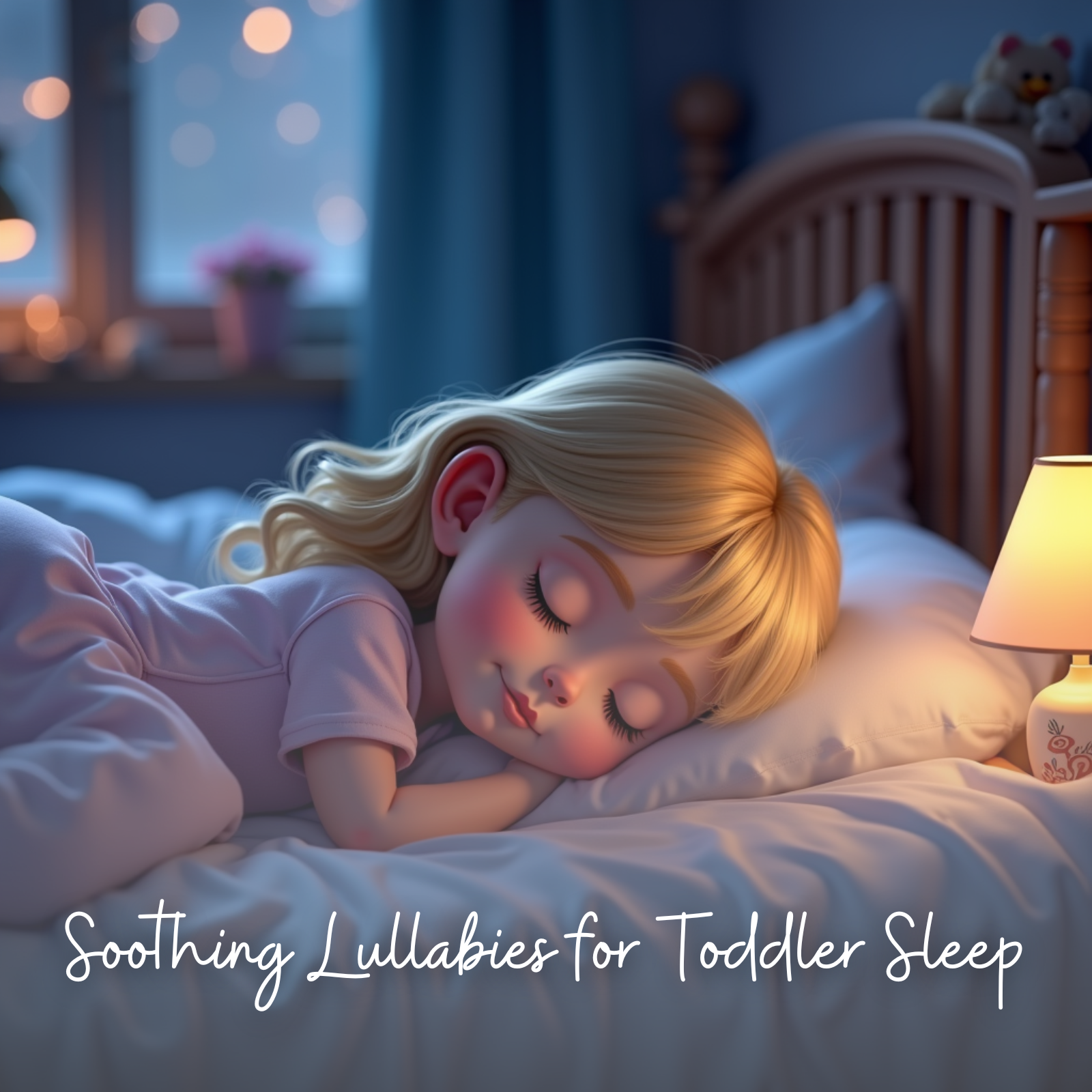 A peaceful toddler girl with long blonde hair sleeps soundly in a cozy bed, dressed in soft pink pajamas. The warm bedside lamp, gentle room lighting, and plush toys in the background create a calming bedtime scene, perfectly fitting the title “Soothing Lullabies for Toddler Sleep.”