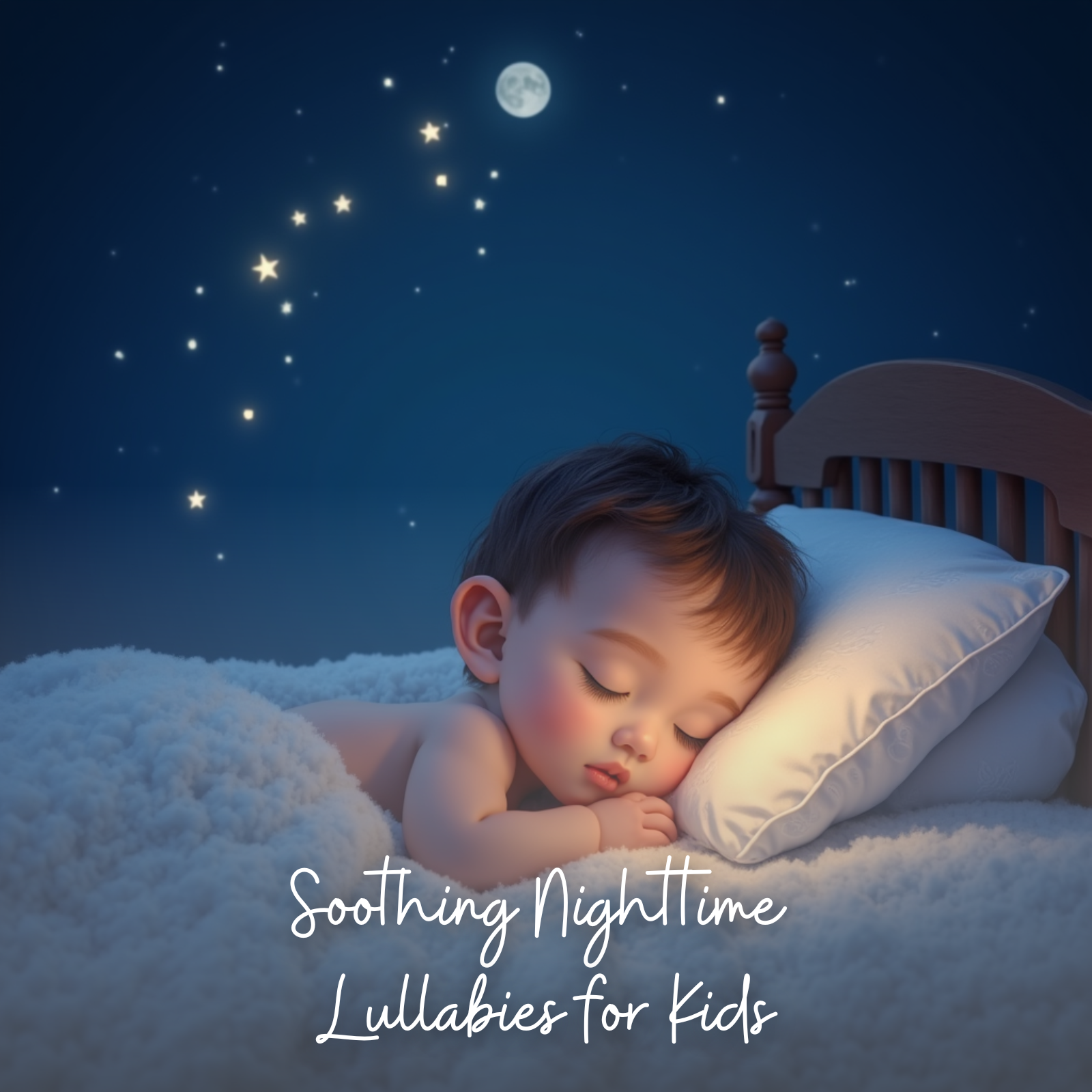 A heartwarming digital illustration of a baby peacefully sleeping on a white pillow and fluffy blanket under a dark blue night sky filled with glowing stars and a full moon. The wooden crib and gentle expression on the baby’s face evoke calmness and security. The text overlay reads “Soothing Nighttime Lullabies for Kids,” reflecting the tranquil and sleep-inducing theme of the image.