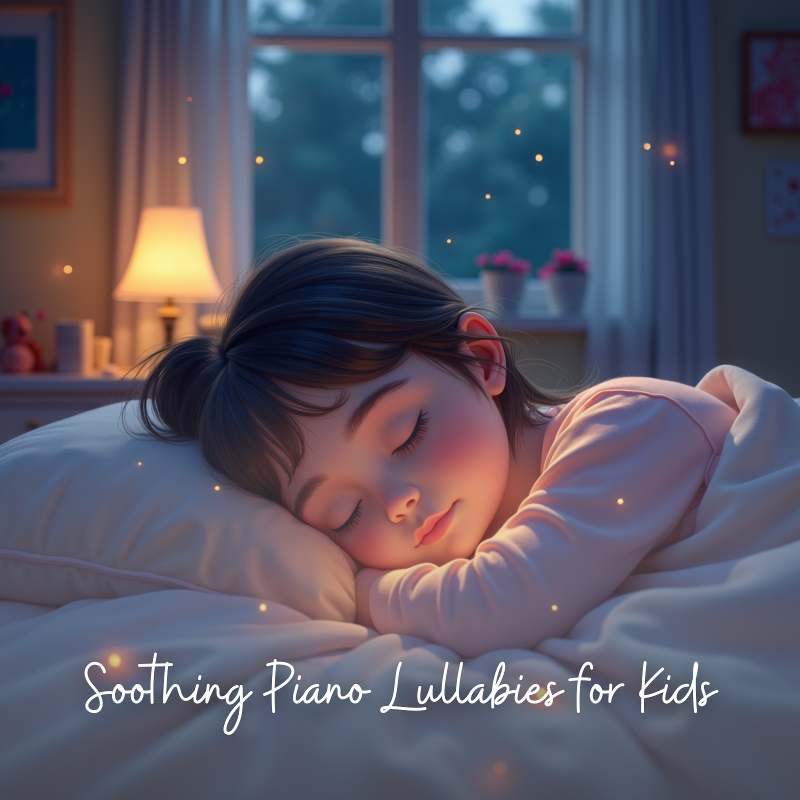 A young girl with dark hair is peacefully asleep in a cozy bedroom. She rests her head on a pillow with a calm expression, surrounded by a soft blanket. Warm ambient light from a bedside lamp and tiny glowing specks fill the room, giving it a dreamy atmosphere. The text overlay reads: “Soothing Piano Lullabies for Kids.”