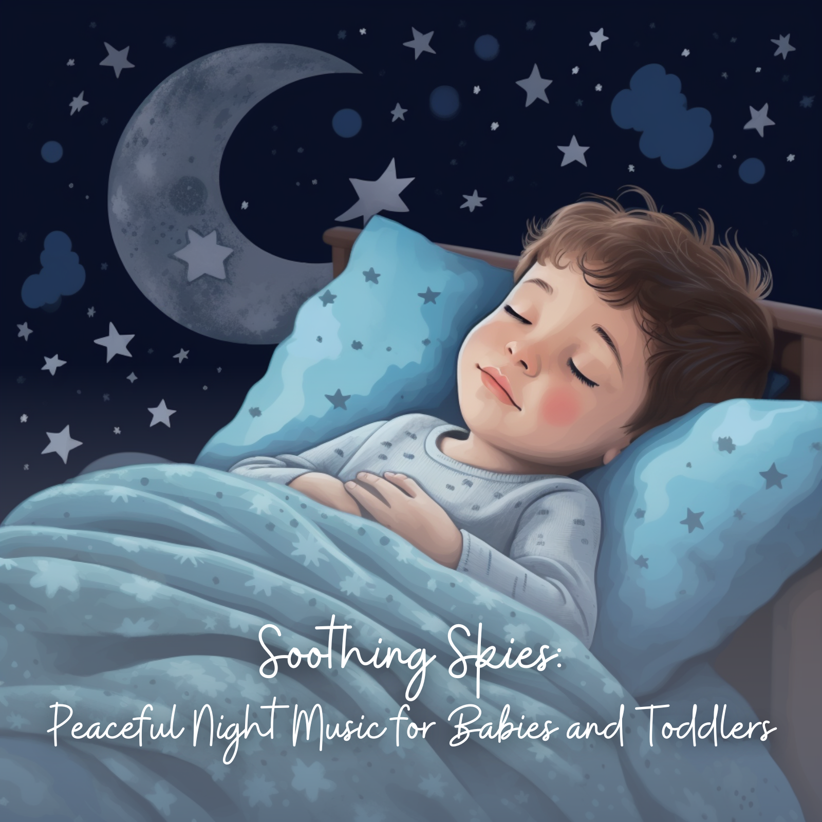 A toddler boy sleeps soundly in bed under a starry night sky with a large crescent moon decorated with stars. He’s covered with a light blue blanket patterned with stars, resting peacefully on matching pillows. The illustration evokes calmness and safety. Text at the bottom reads, “Soothing Skies: Peaceful Night Music for Babies and Toddlers” in a soft, child-friendly handwritten font.