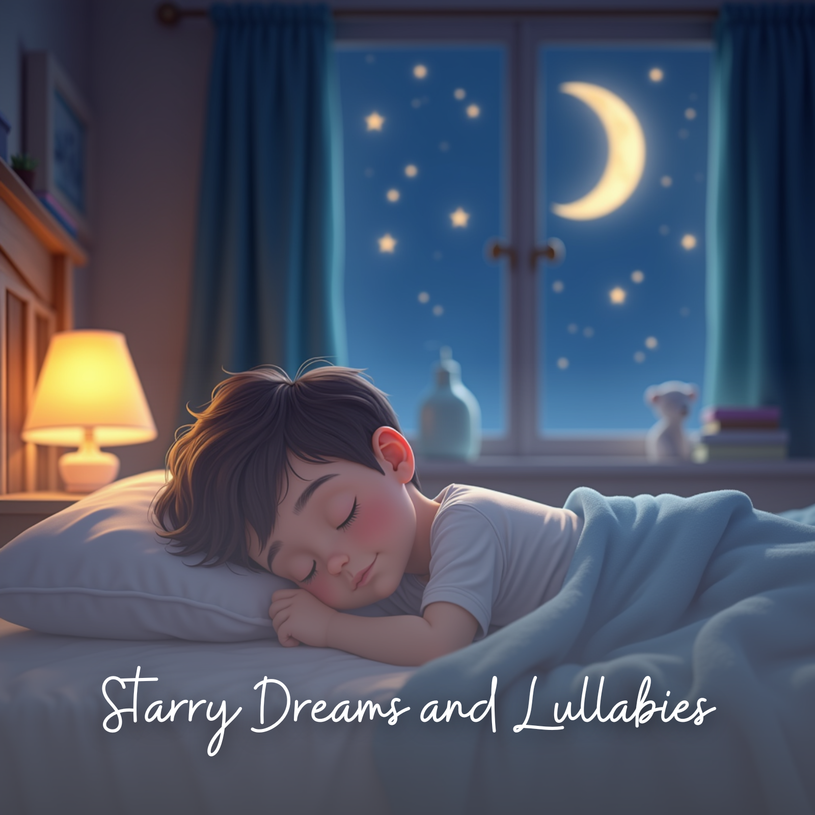 A dark-haired young boy sleeps peacefully in a cozy bedroom lit by a warm bedside lamp, with a soft blue blanket wrapped around him. Outside the window, a crescent moon and twinkling stars light up the night sky, reflecting the dreamy and calm atmosphere of the album title “Starry Dreams and Lullabies.”