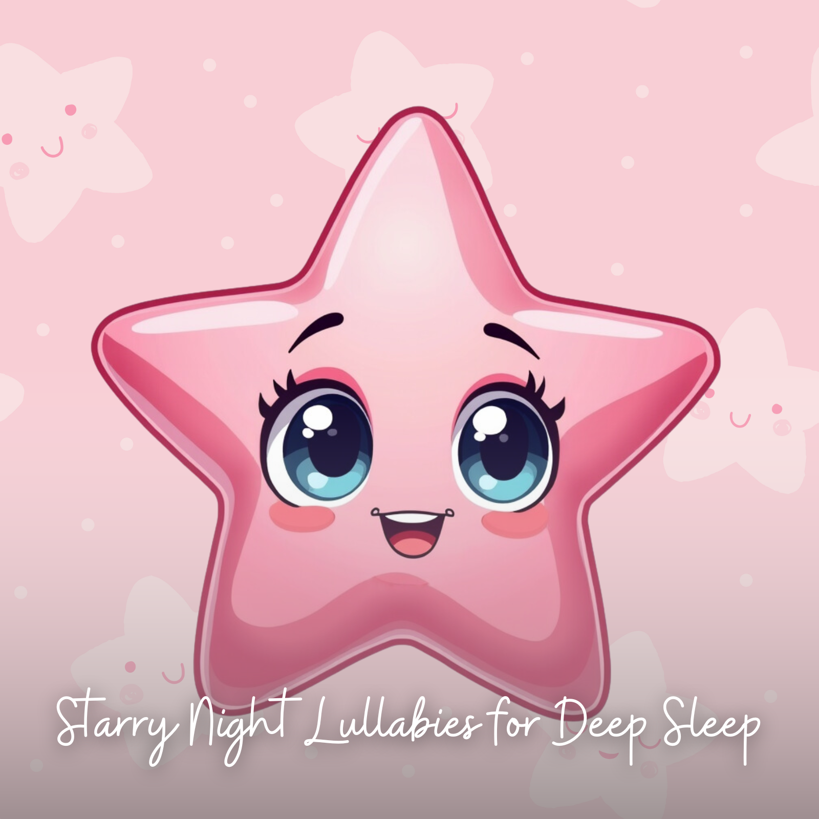 A cheerful pink cartoon star with bright blue eyes and a sweet smile is centered against a soft pastel background filled with smiling star shapes. Below the character, the text reads “Starry Night Lullabies for Deep Sleep,” evoking a cozy and comforting bedtime atmosphere for children.