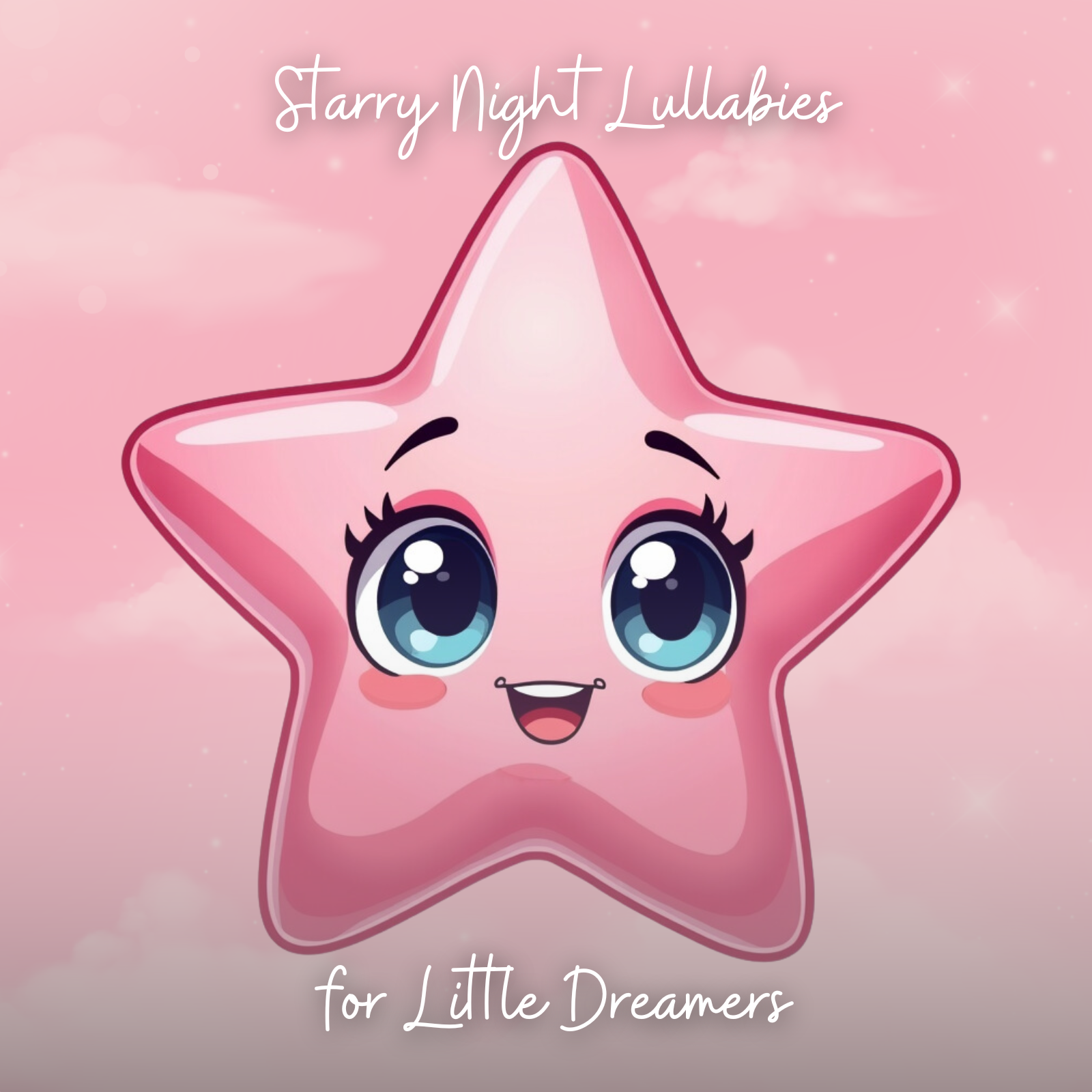 A smiling pink cartoon star with large sparkling blue eyes and blushing cheeks stands out against a dreamy pink sky filled with clouds and soft sparkles. Above and below the star, the text reads “Starry Night Lullabies for Little Dreamers,” creating a warm and whimsical bedtime theme for young children.