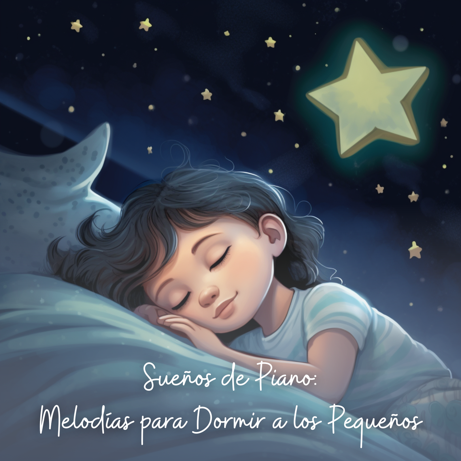 A young child peacefully sleeps under a starry night sky, illuminated by a glowing cartoon-like star above. The child wears a light striped shirt and rests with a content smile on a soft pillow. The dreamy atmosphere evokes calm and serenity. Text reads: “Sueños de Piano: Melodías para Dormir a los Pequeños,” which means “Piano Dreams: Melodies to Help the Little Ones Sleep.”