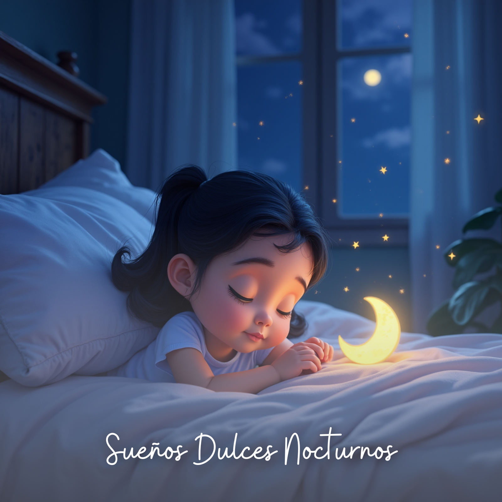 A young girl with black hair in pigtails peacefully rests in bed while holding a glowing crescent moon nightlight. The room is softly lit, with a moon and stars visible through a window. Tiny glowing stars float around her, adding a magical feel. The atmosphere is calm and dreamy. The text on the image reads: “Sueños Dulces Nocturnos.”